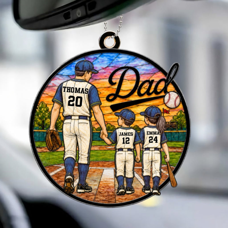 Baseball Dad & Kids 2D Flat - Personalized Acrylic Car Ornament - Father's Day Gift For Baseball Dad