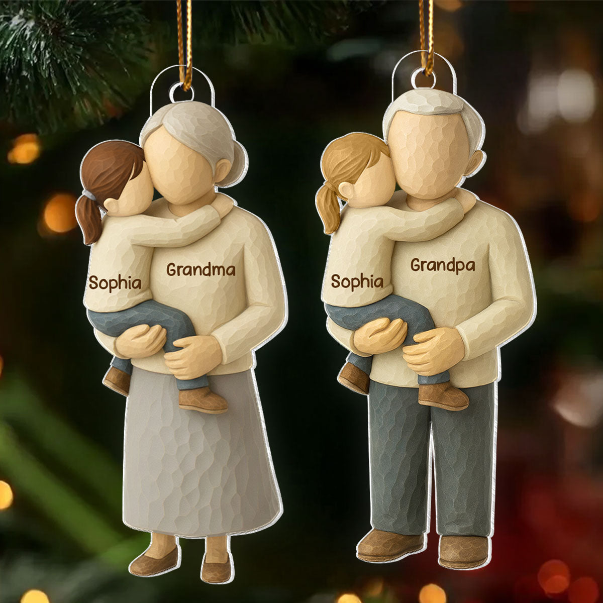 Grandparents Hugging Grandkid - Personalized Acrylic Ornament - Heartwarming Christmas Gift for Grandma Grandpa