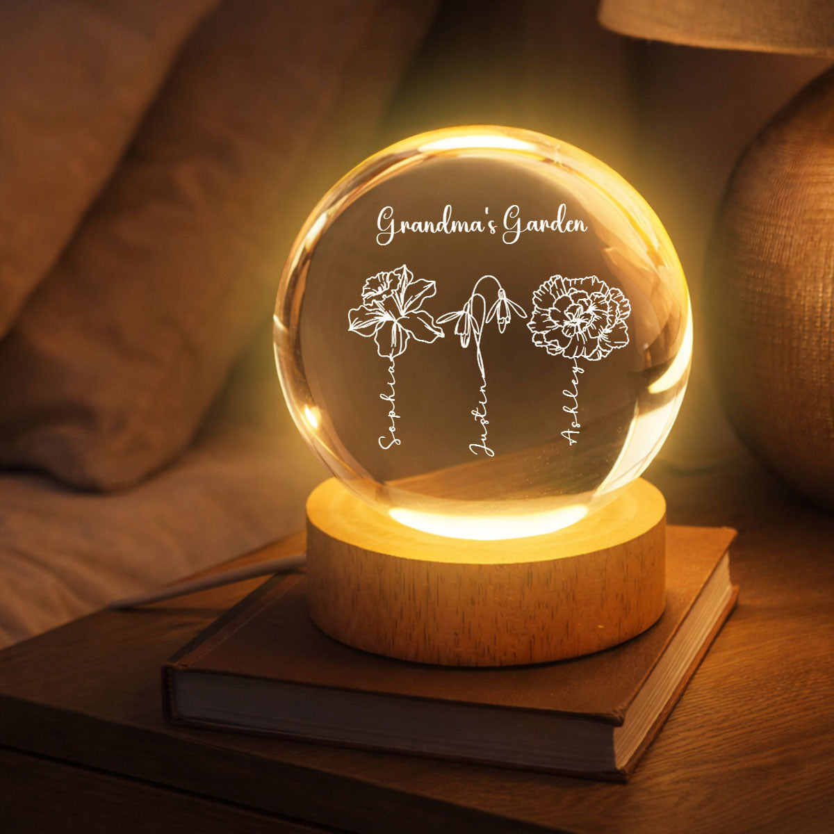 Grandma Garden Custom Birth Month Flowers - Personalized Crystal Ball LED Night Light - Heartfelt Gift For Grandma