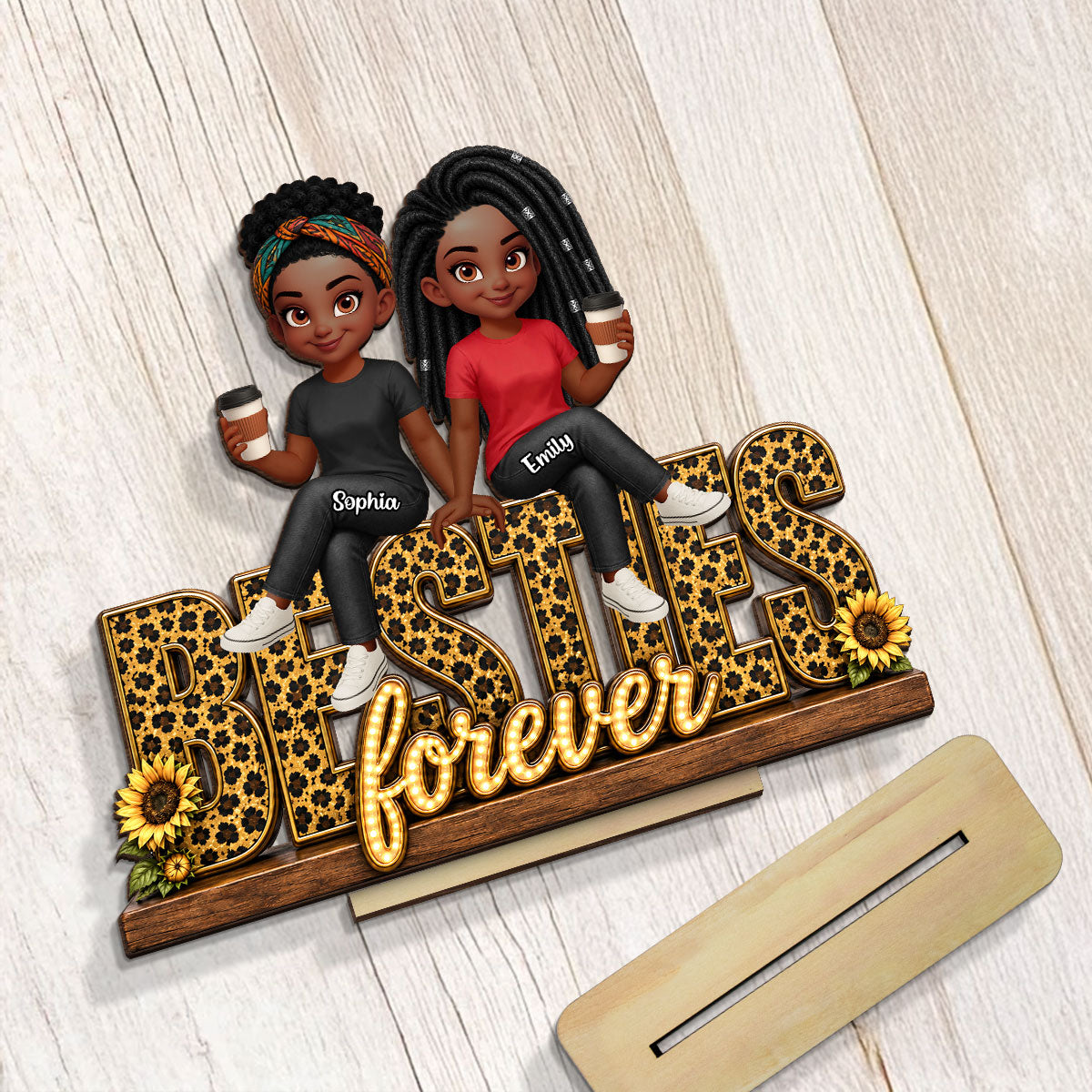 Leopard Style Besties Forever - Personalized 2-Layered Wooden Plaque - Birthday Gift, Gift For Best Friends