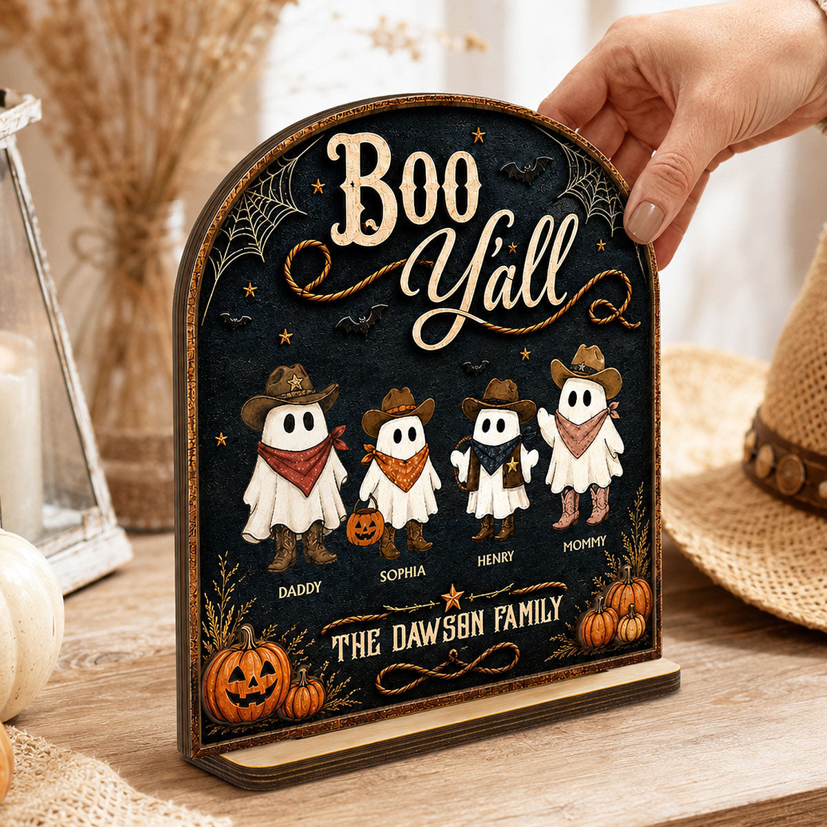 Boo Y'all Cowboy Ghost Family 2D Flat - Personalized 2-Layered Wooden Plaque - Western Country Vibe Halloween Decor