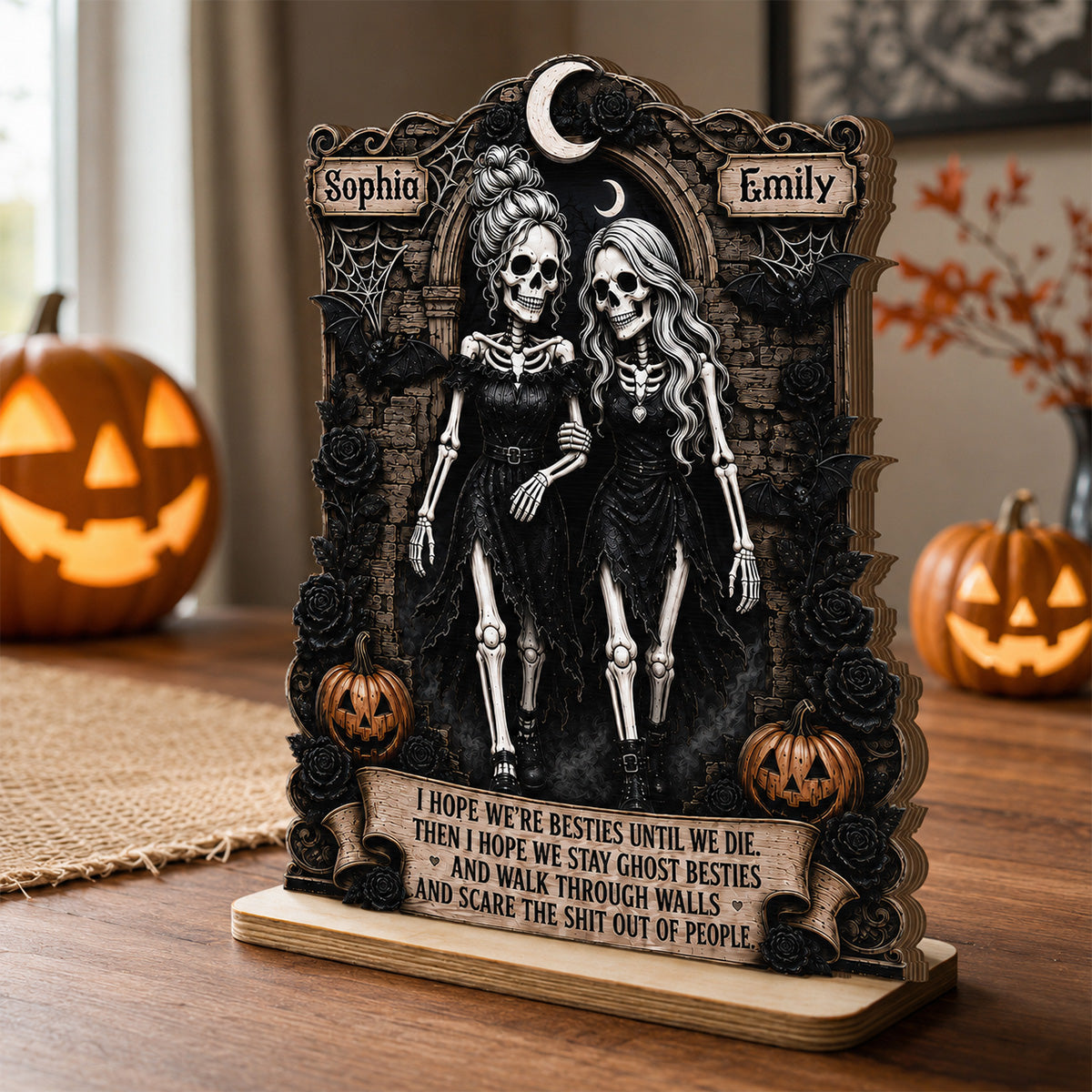 Skeleton Besties Walk Through Wall & Scare People 2D Flat - Personalized 2-Layered Wooden Plaque - Funny Work Bestie Gift, Halloween Keepsake For Best Friends