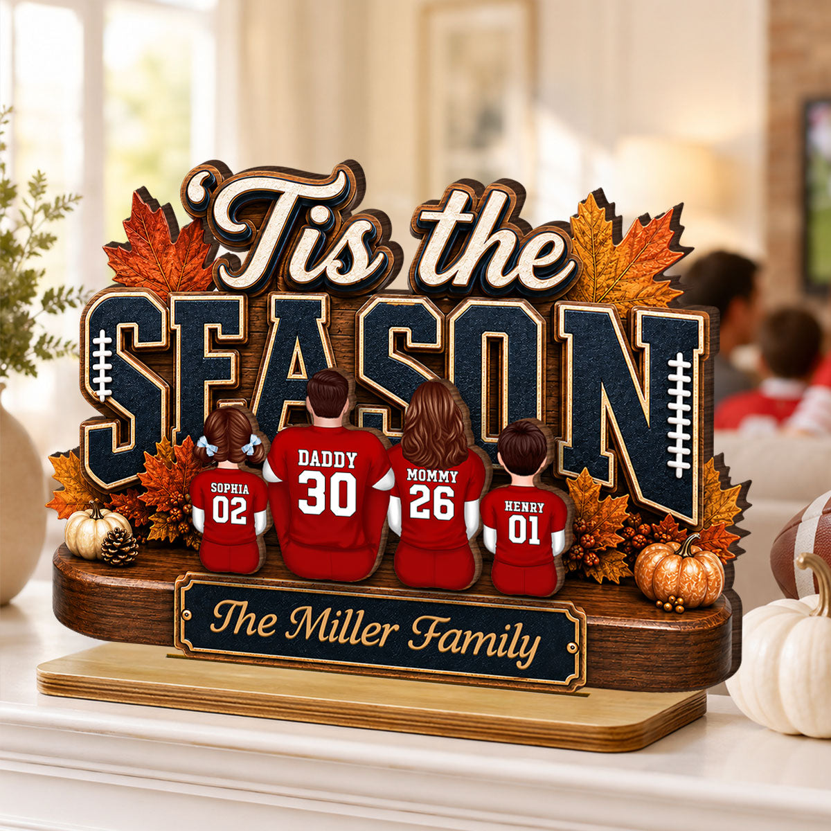 Tis the Football Season - Personalized 2-Layered Wooden Plaque - Family Fall Decor