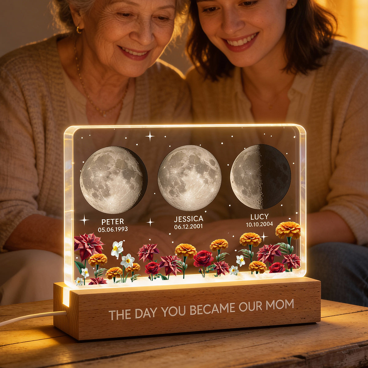 The Day You Became Our Mom Custom Moon Phase by Date - Personalized Acrylic Block LED Night Light, Custom Birth Flowers, Mother's Day Gift for Mom