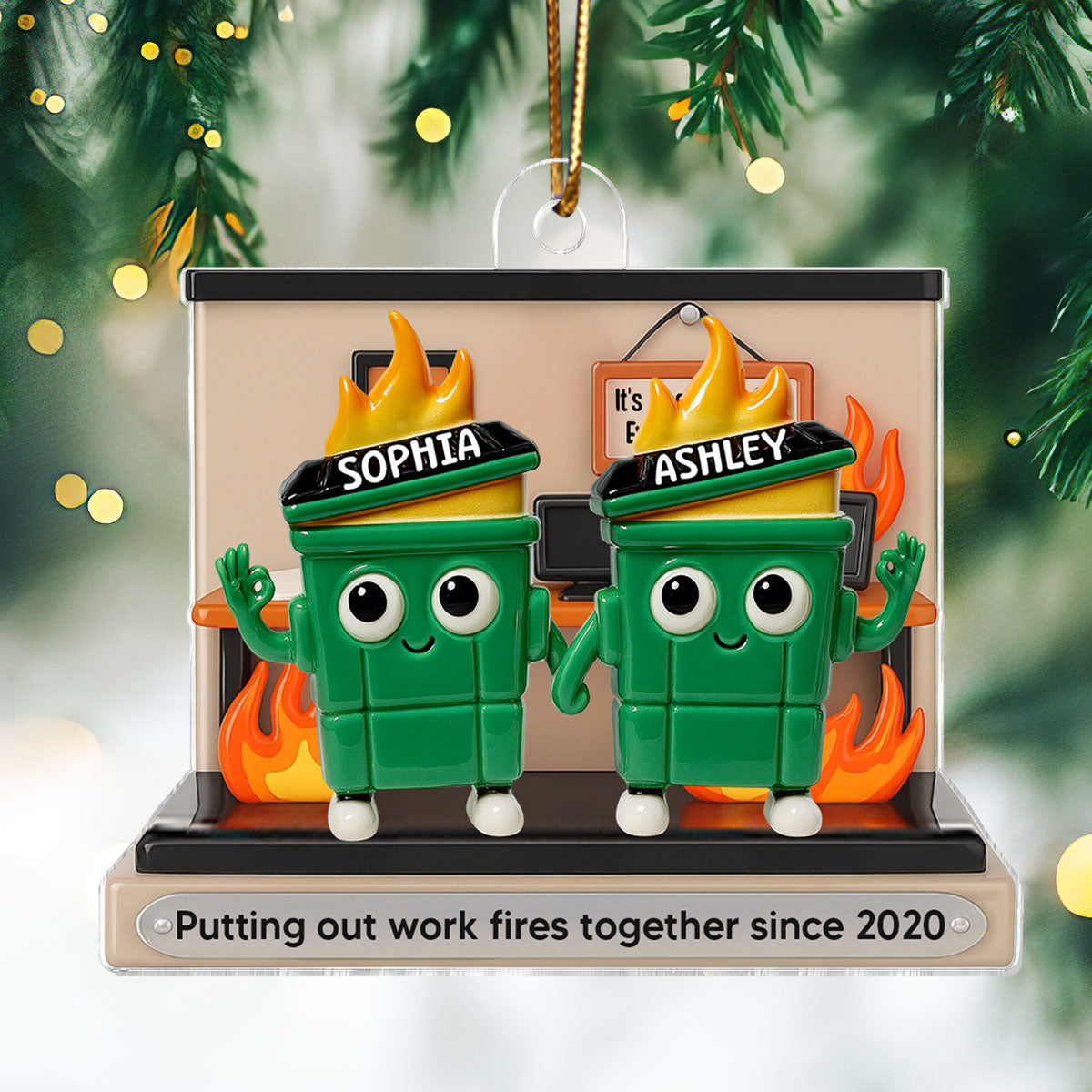 [BUY 1 GET 1 FREE] 3D Effect Dumpster Fires In Office Scene - Personalized Acrylic Ornament - Funny Gift For Colleagues, Work Besties