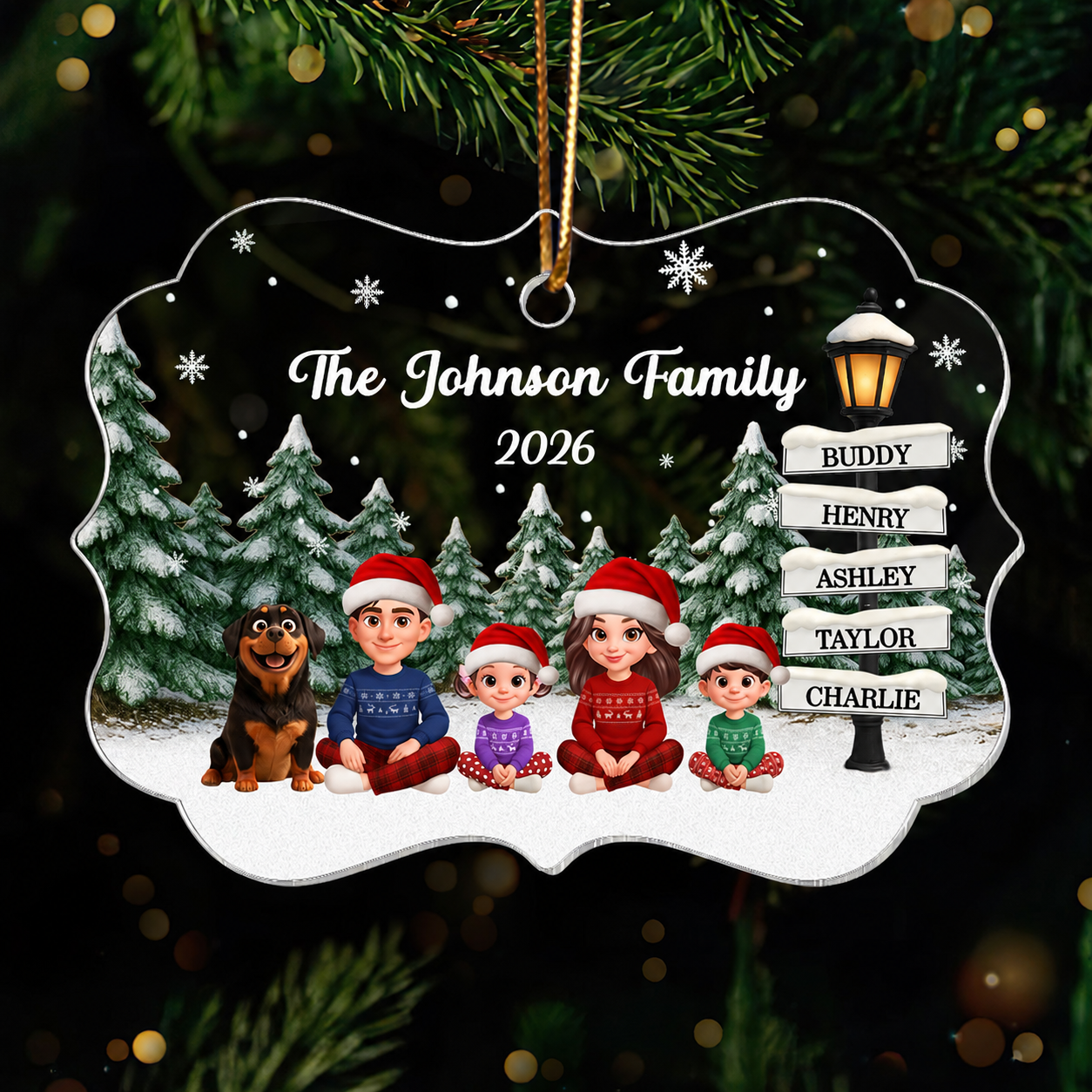 Christmas Snowy Sign Posts Beautiful Family Together - Personalized Acrylic Ornament - Gift For Family