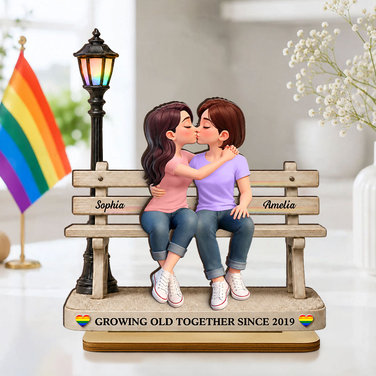 LGBT+ Couple Sitting On Bench - Personalized 2-Layered Wooden Plaque - Gift For Couple, Happy Pride Month