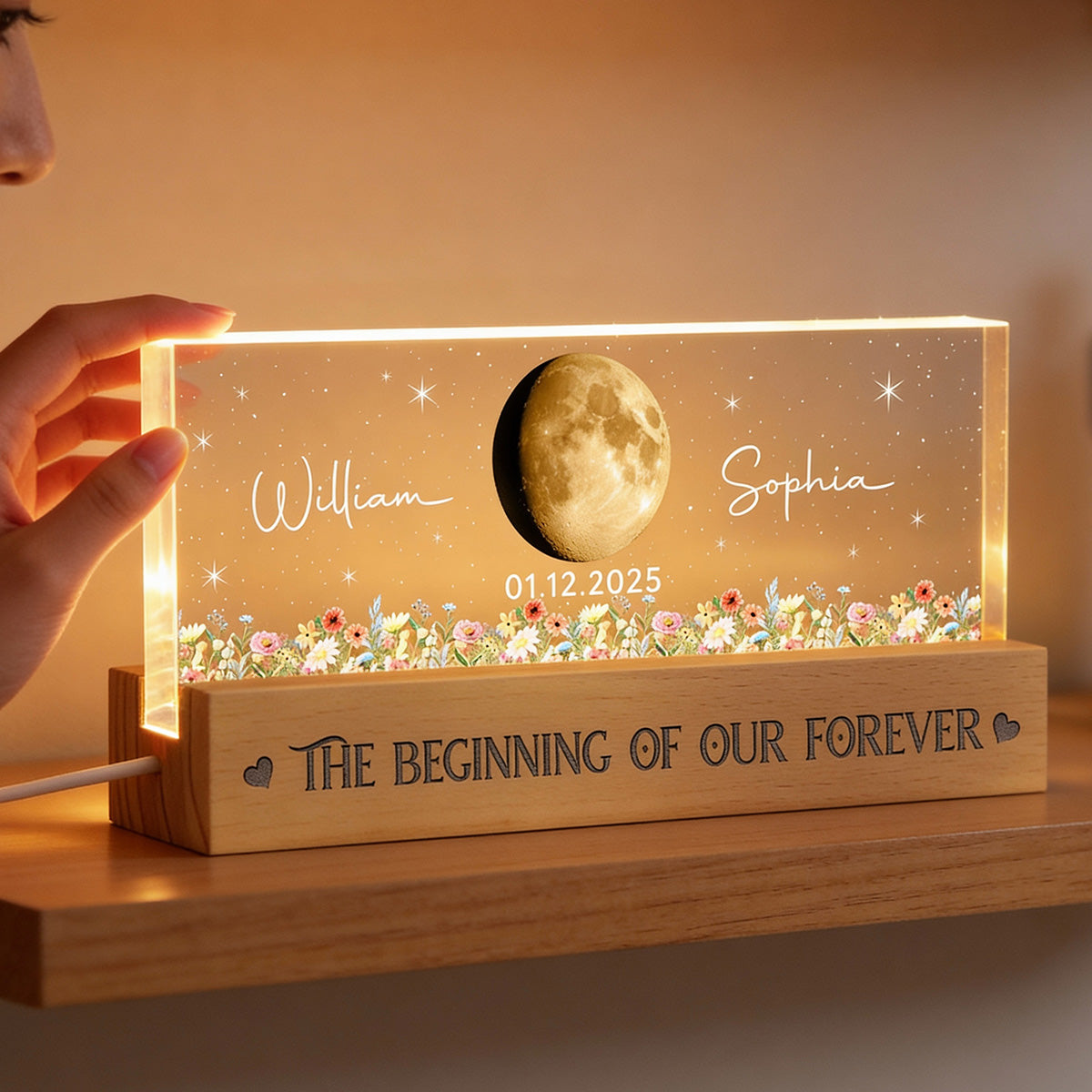 Floral Our Moon Couple Custom Moon Phase Anniversary Date - Personalized Acrylic Block LED Plaque Night Light - Gift For Couple