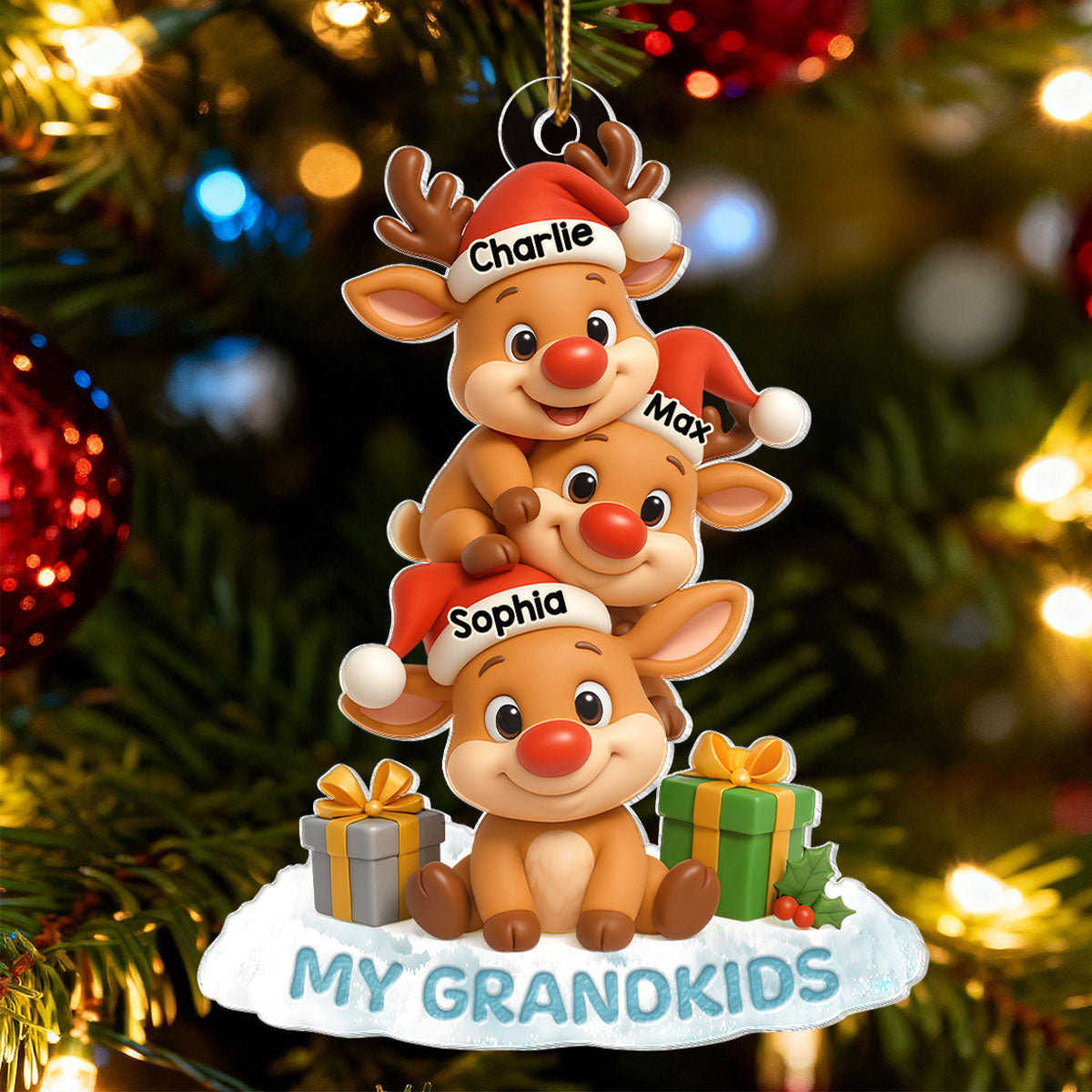 Cute Reindeer Grandkids - Personalized Acrylic Ornament - Christmas Gift for Grandma