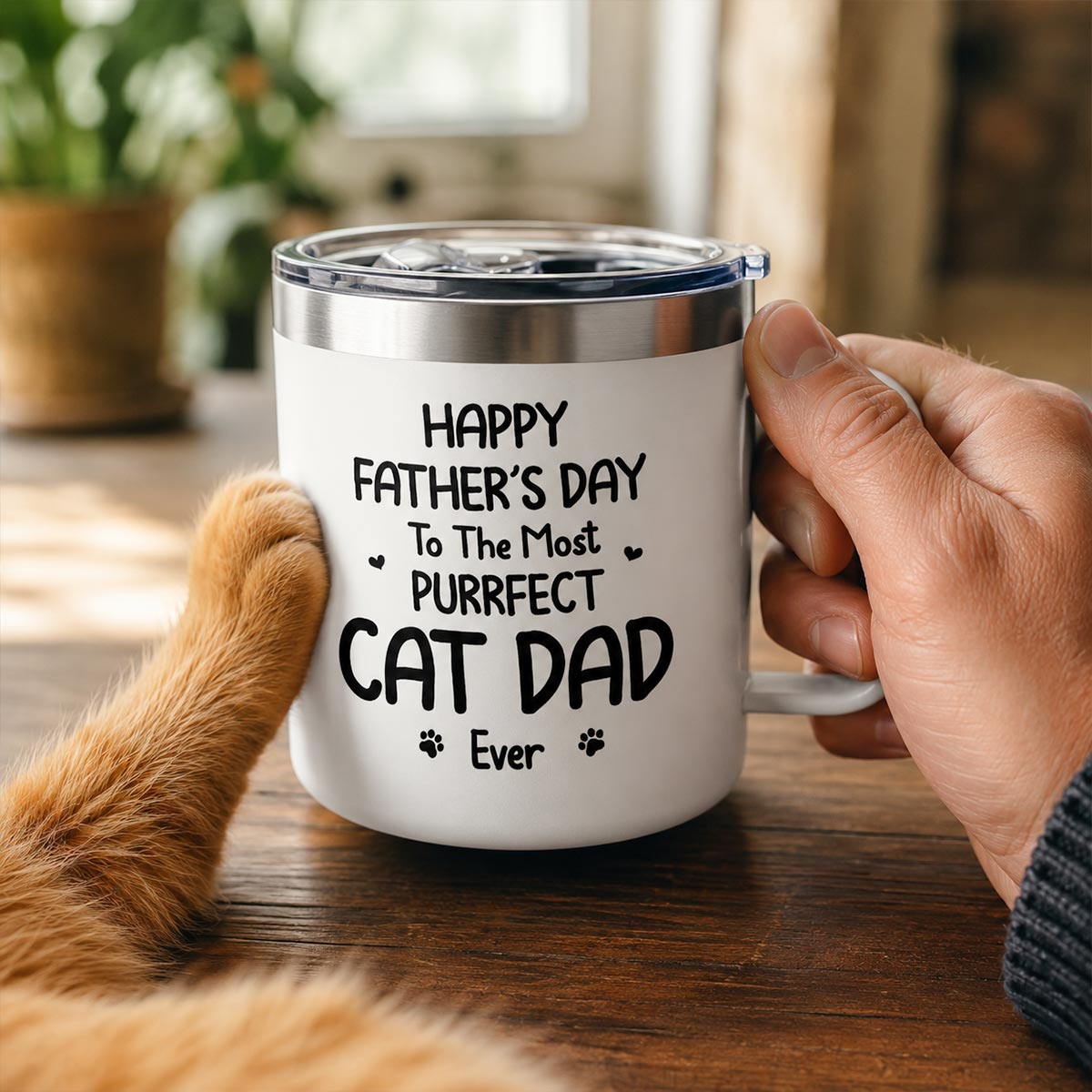 Happy Father's Day To The Most Purrfect Cat Dad Cute Cats On Cat Tree - Personalized Stainless Steel Tumbler With Handle - Father's Day Gift For Cat Dad