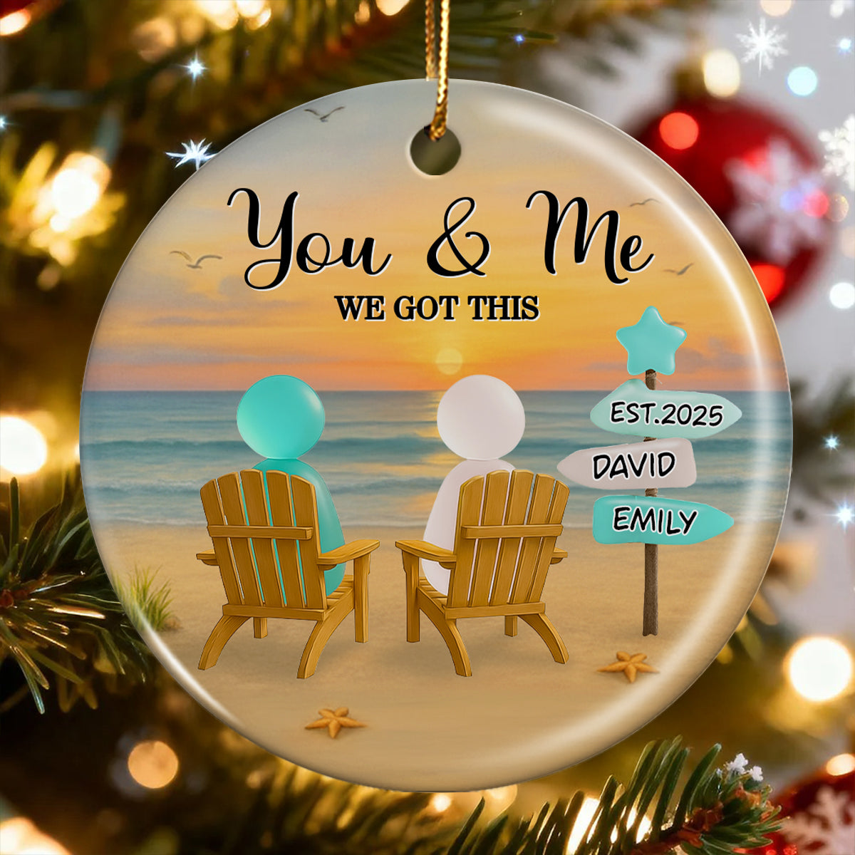 3D Effect Sea Glass Couple Romantic Beach Landscape Sign Posts - Personalized Ceramic Ornament - Heartfelt Christmas Gift For Couple