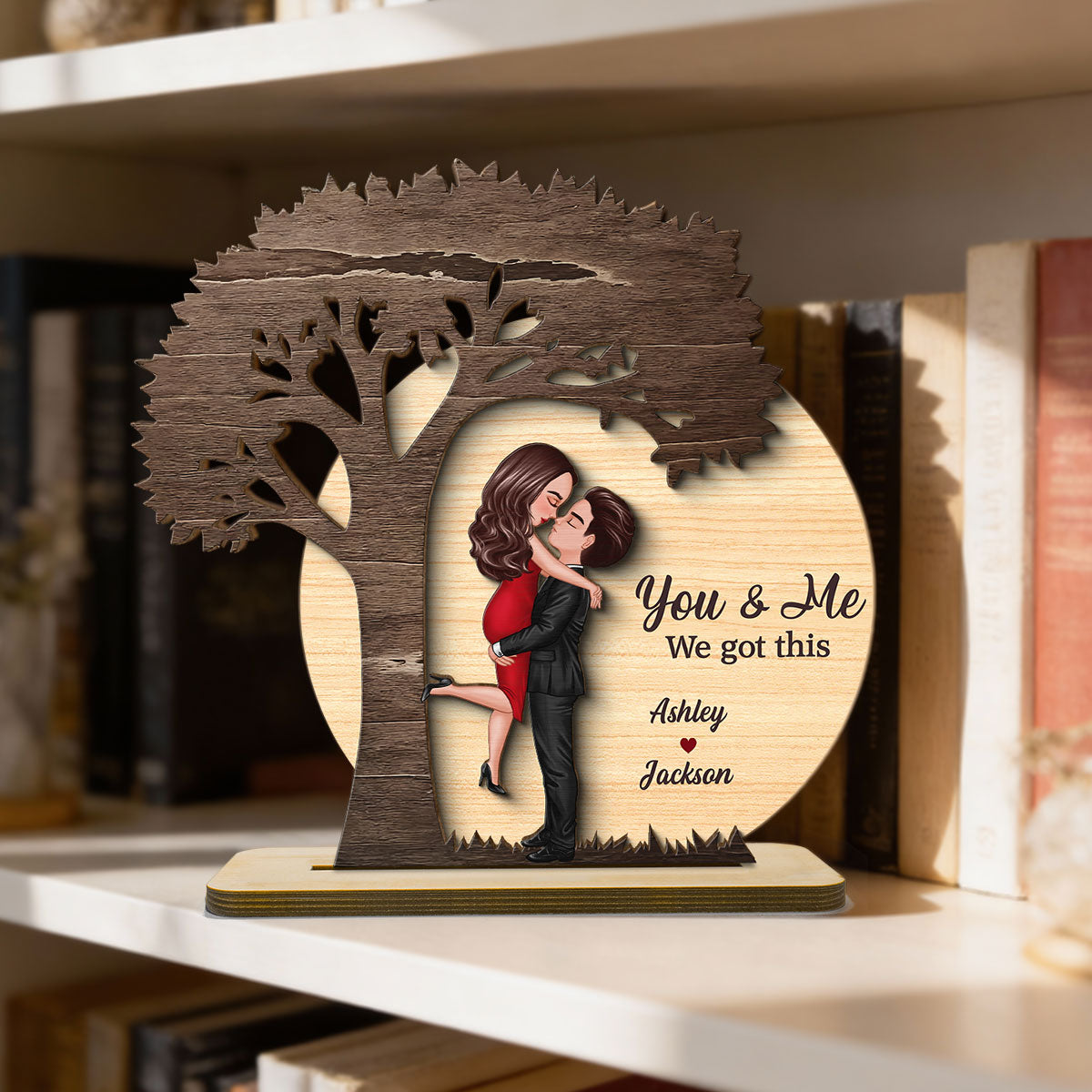 Couple Hugging Kissing Under Tree Moon Rustic - Personalized 2-Layer Wooden Plaque - Valentine's Day, Anniversary Gift For Him, For Her