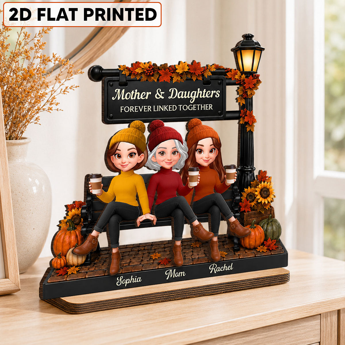 Fall Season Lamp Post Mom And Daughters - Personalized 2-Layered Wooden Plaque - Fall Gift For Mom, Daughters