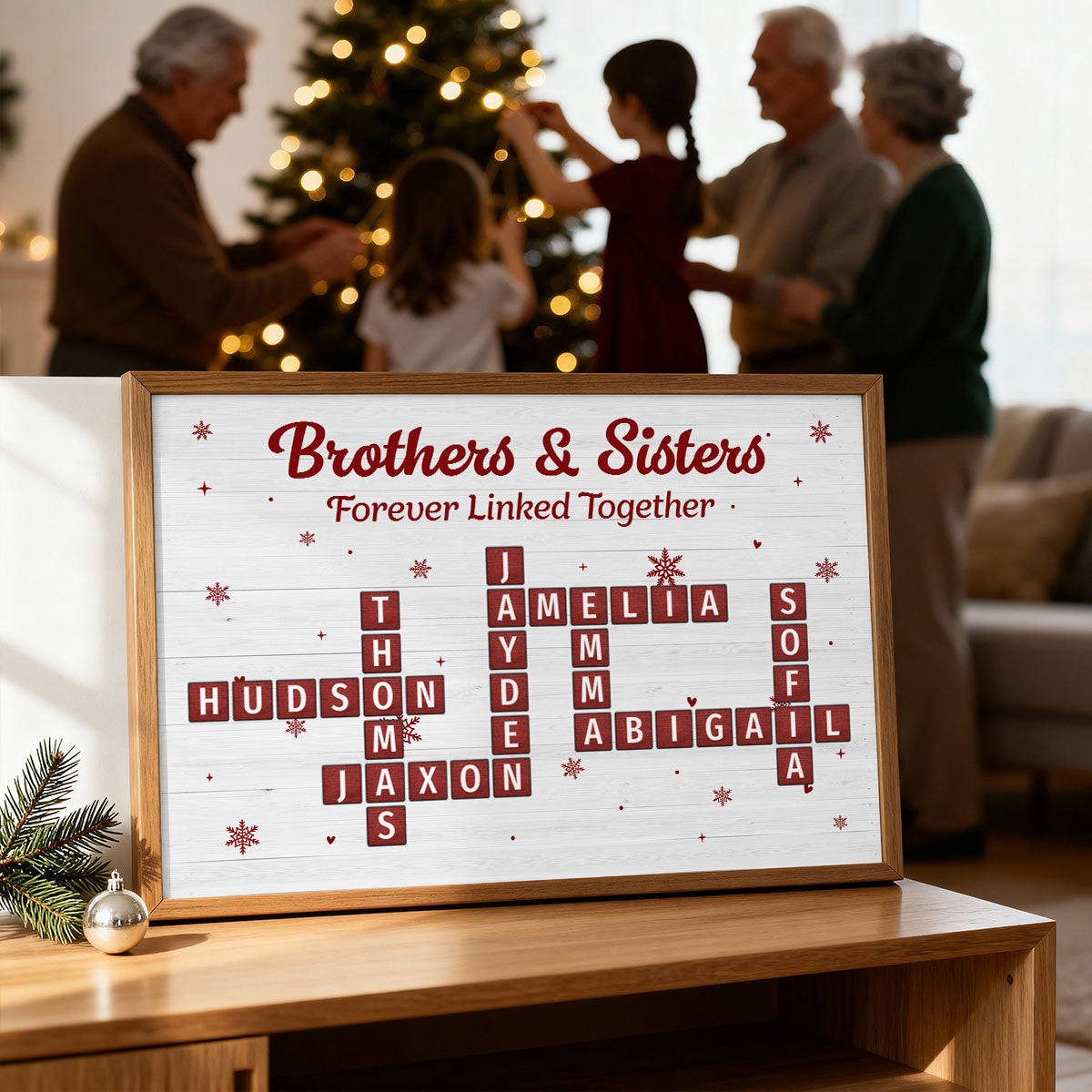 Christmas Brothers & Sisters Forever Linked Together Crossword Puzzle Art - Personalized Poster - Gift For Brothers, Sisters, Siblings, Family