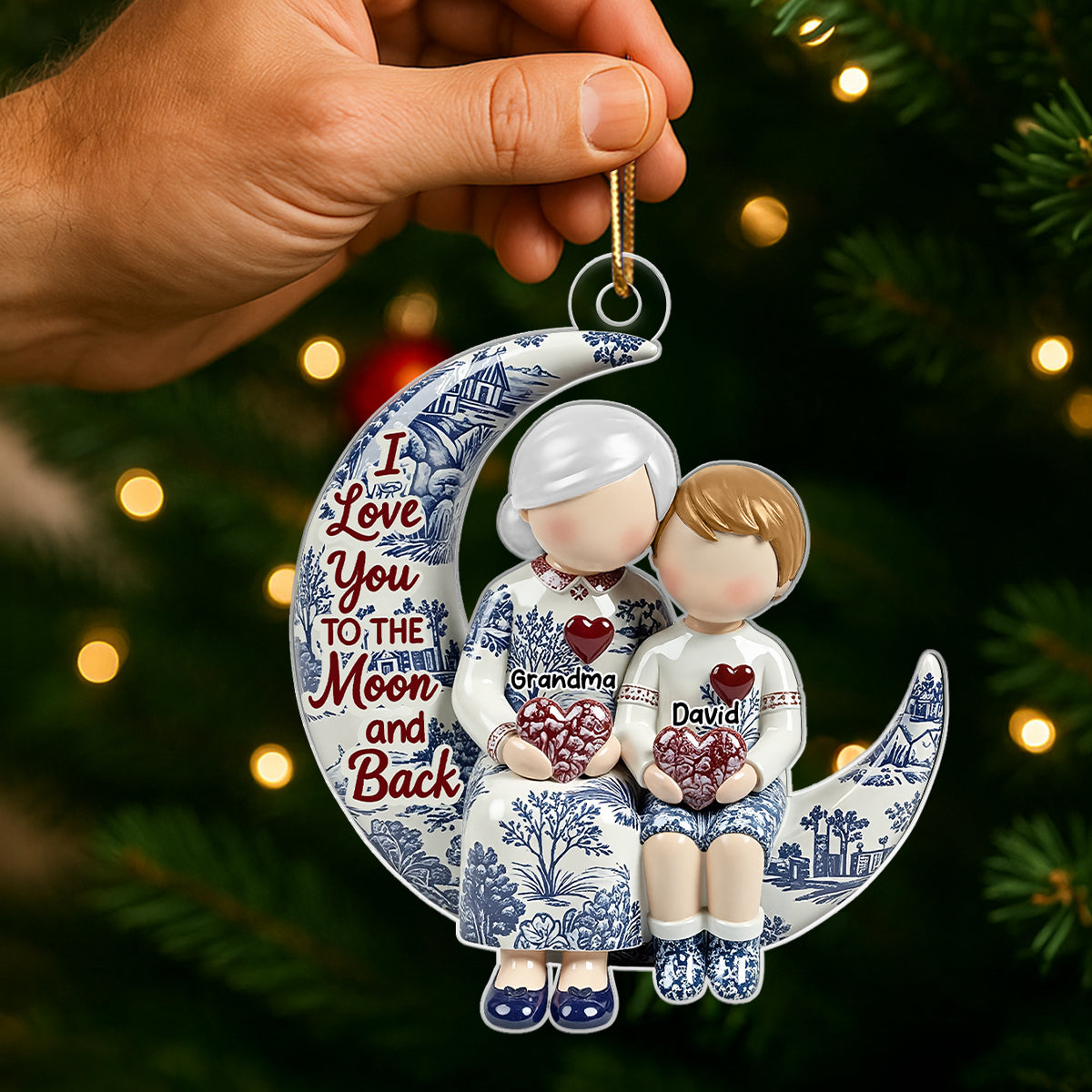 Grandma Grandkids on Moon Toile de Jouy Pattern - Personalized Acrylic Ornament - Sentimental Gift for Grandma