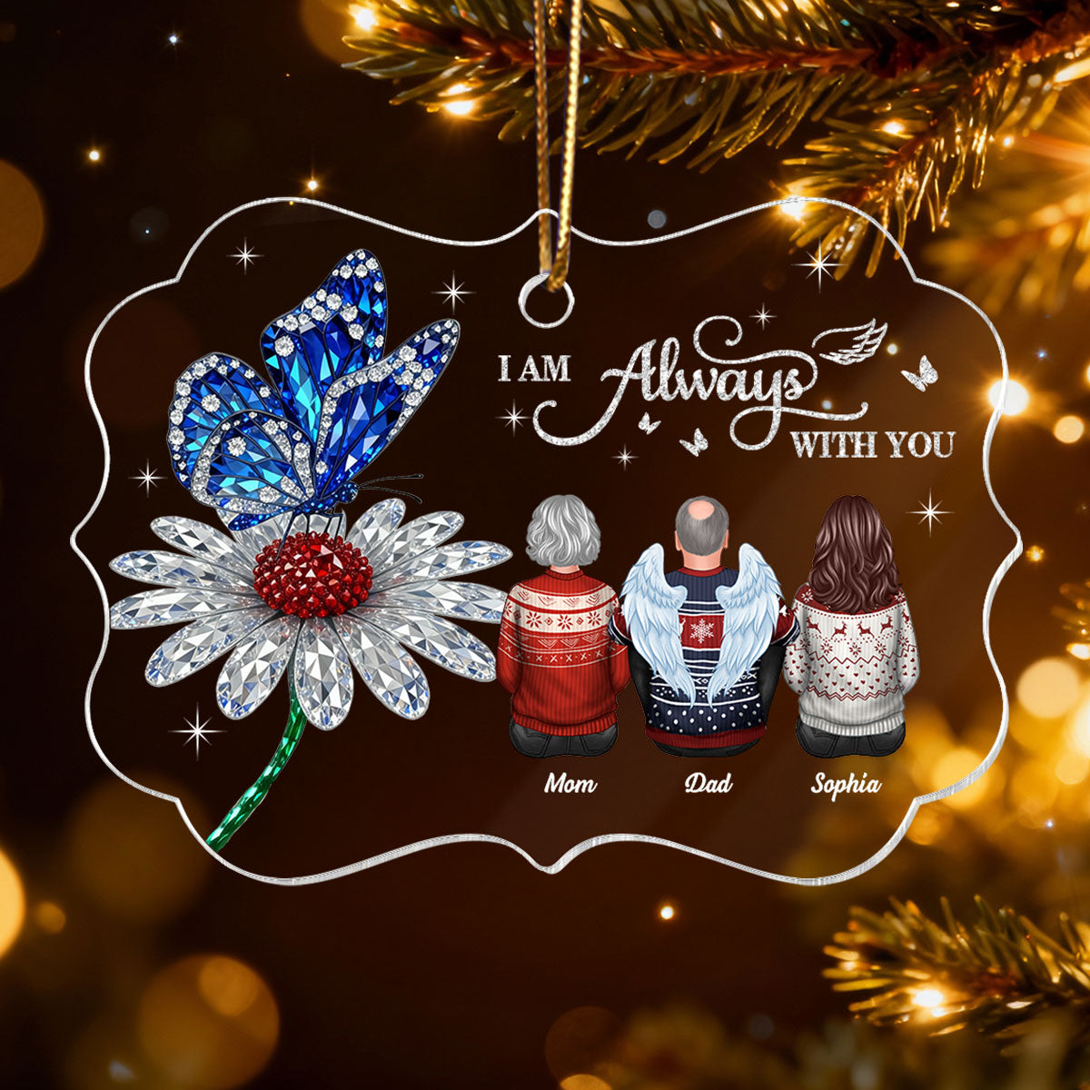 3D Crystal Effect Daisy Butterfly Always With You Family Memorial - Personalized Acrylic Ornament - Remembrance Gift, Sympathy Gift