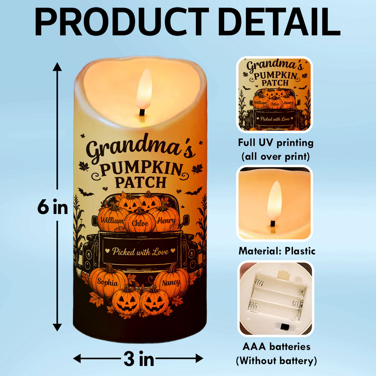Grandma's Pumpkin Patch Jack-o'-lantern Pumpkins Truck - Personalized LED Candle - Perfect Halloween Decor For Grandma