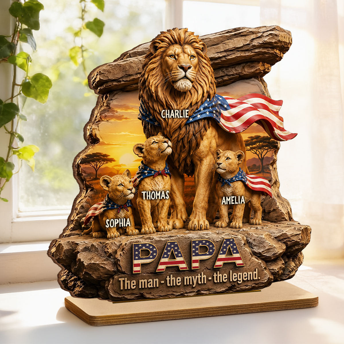 Lion Dad Papa the Legend - Personalized 2-Layered Wooden Plaque -  Gift for Dad, Husband