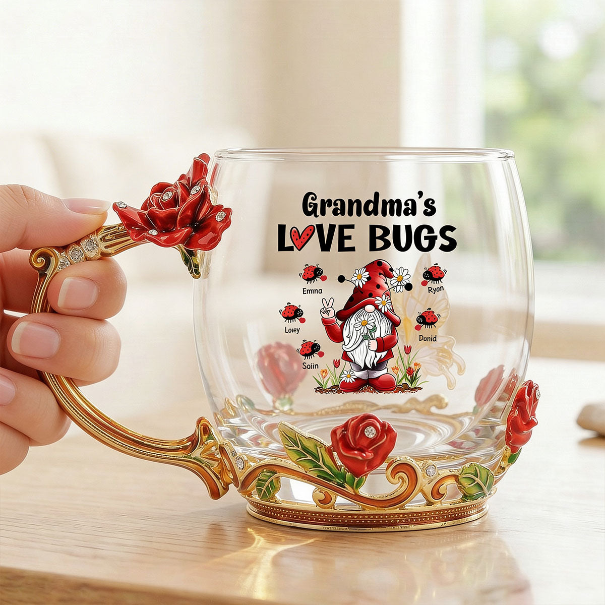Grandma's Love Bugs - Personalized Enamel Flower Tea Cup - Gift For Grandma, Mom