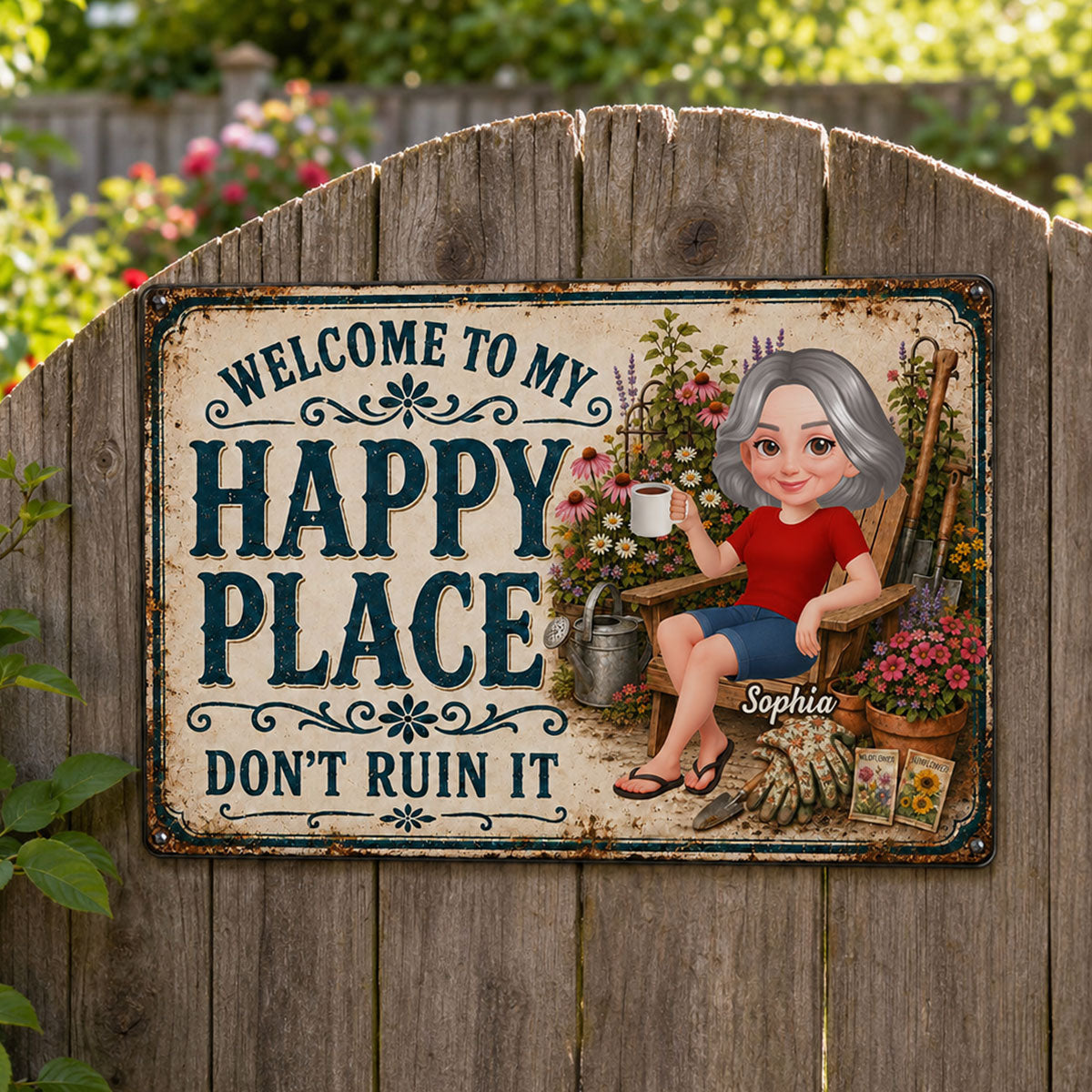 Welcome To My Happy Place Don't Ruin It Garden - Personalized Metal Sign - Gift For Grandma, Mom, Gardeners