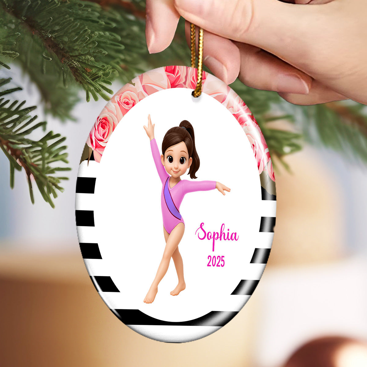 Floral Frame Gymnastic Girl - Personalized Ceramic Ornament - Gymnast Gift For Daughter, Granddaughter