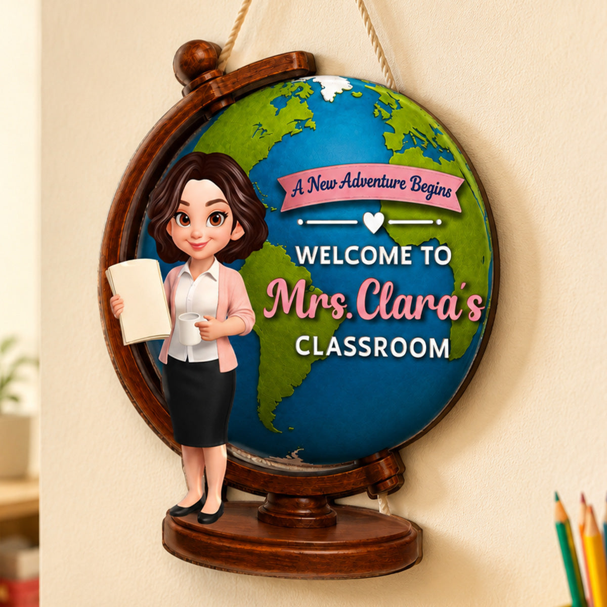 Globe Teacher Welcome - Personalized Door Hanger - Back To School Decoration
