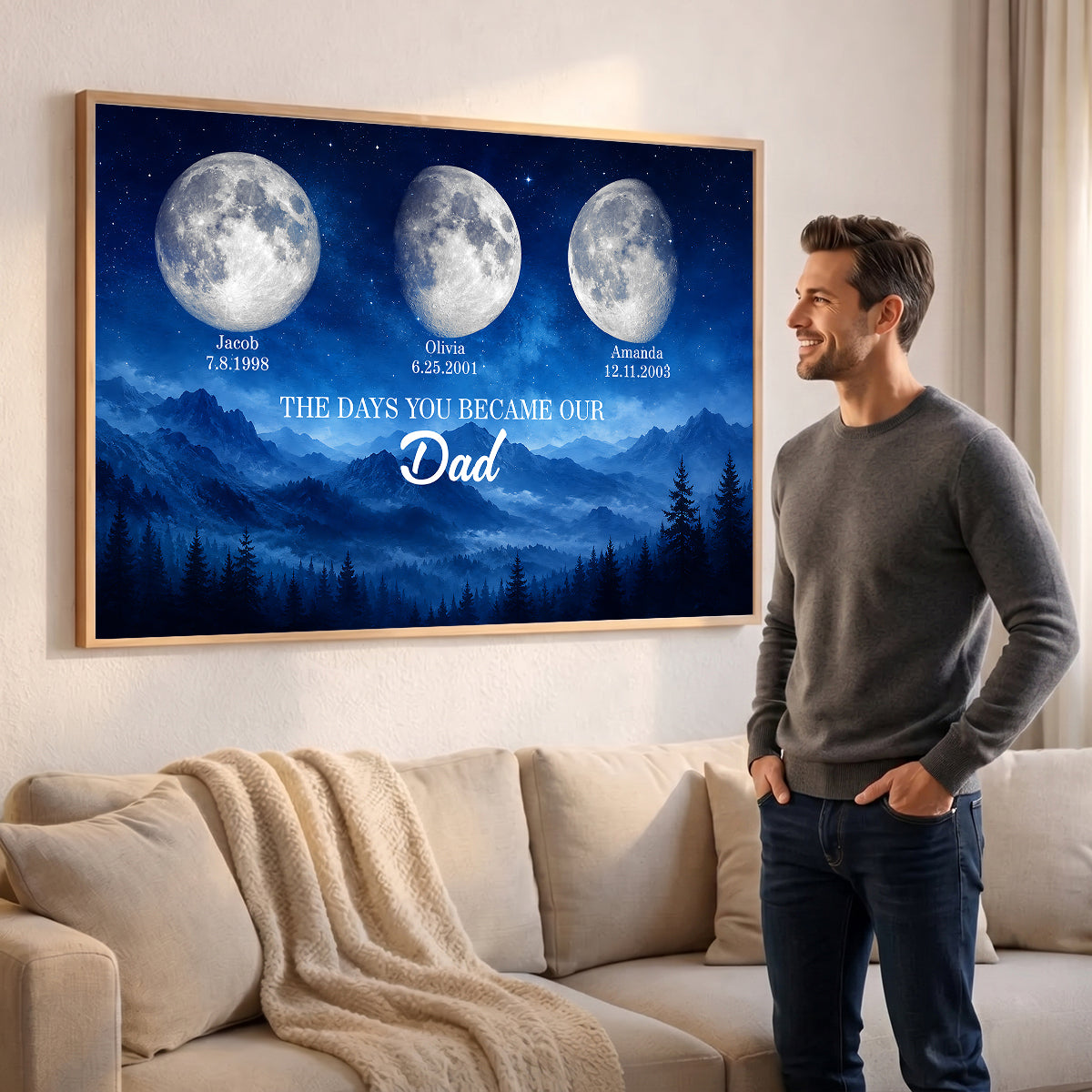 Vintage Retro Moon Phase Wall Art, The day You Became Our Dad - Personalized Poster - Father's Day Gift for Dad