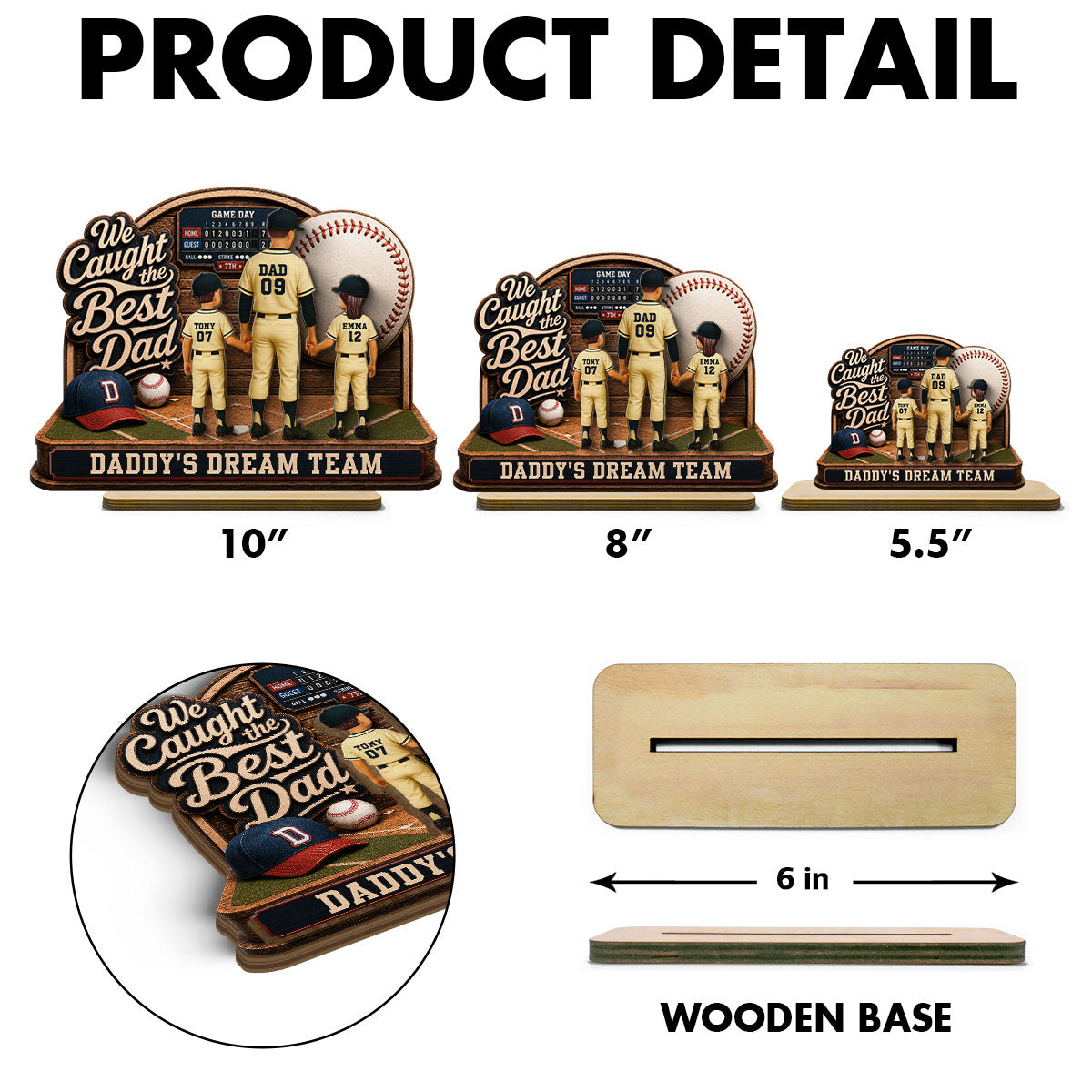 Baseball Things Dad & Kids Back View Standing 2D Flat - Personalized 2-Layered Wooden Plaque - Happy  For Baseball Dad