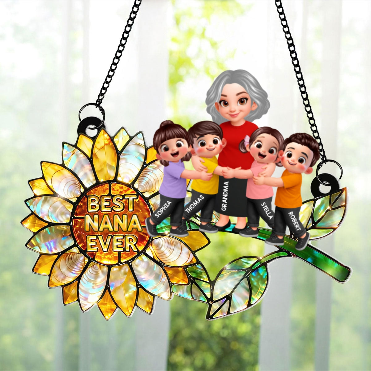 Sunflower Grandma Hugging Grandkids - Personalized Window Hanging Suncatcher - Mother's Day Gift for Mom, Wife