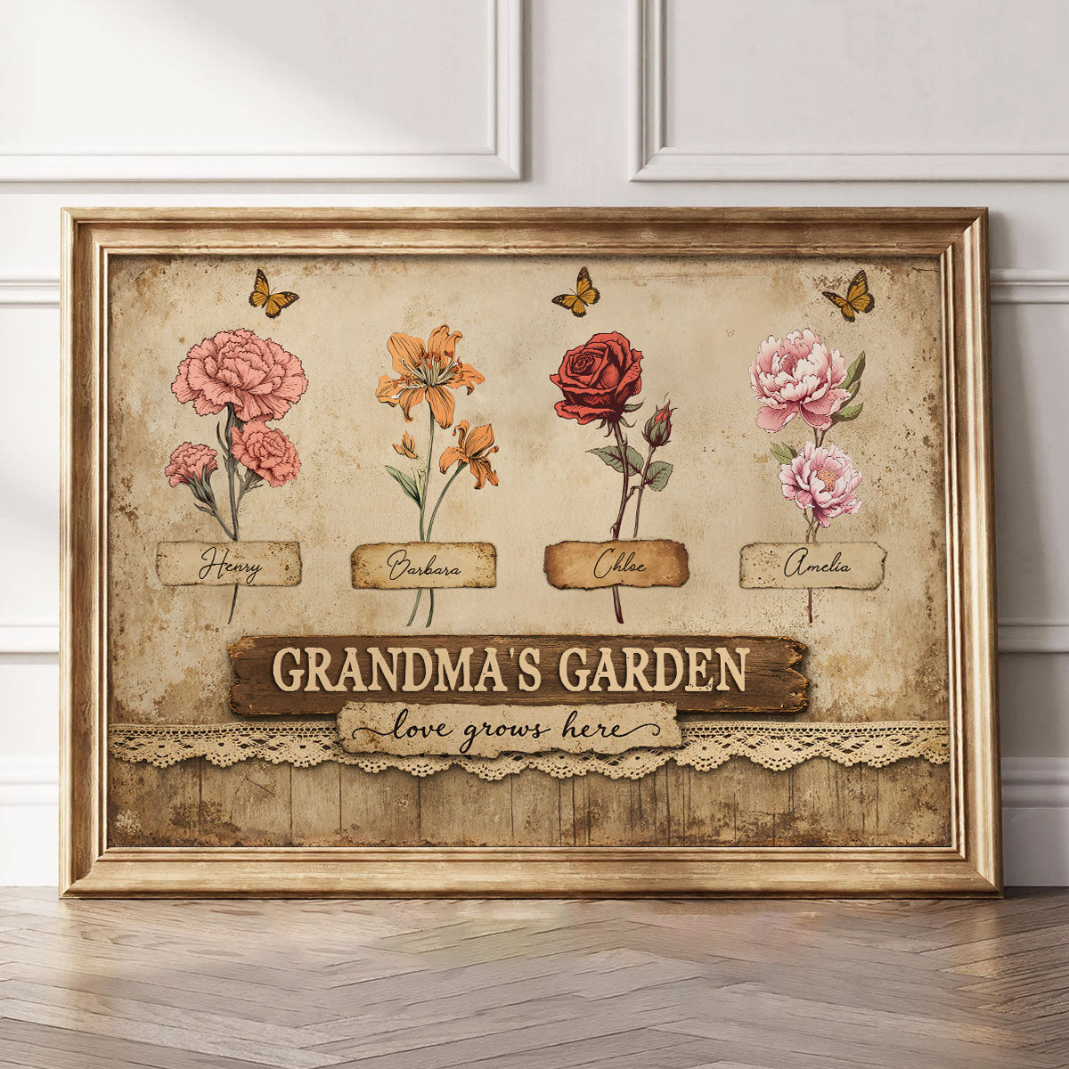 Retro Vintage Lace Pattern Grandma's Garden Birth Month Flowers - Personalized Poster - Mother's Day Gift For Grandma, Mom