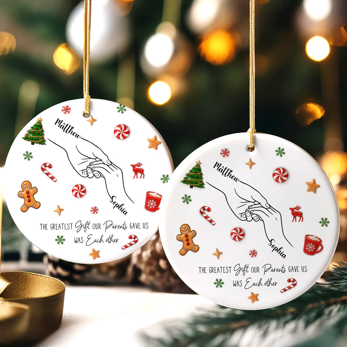 Sibling Hands Line Art - Personalized Ceramic Ornament - Christmas Gift For Brother, For Sister