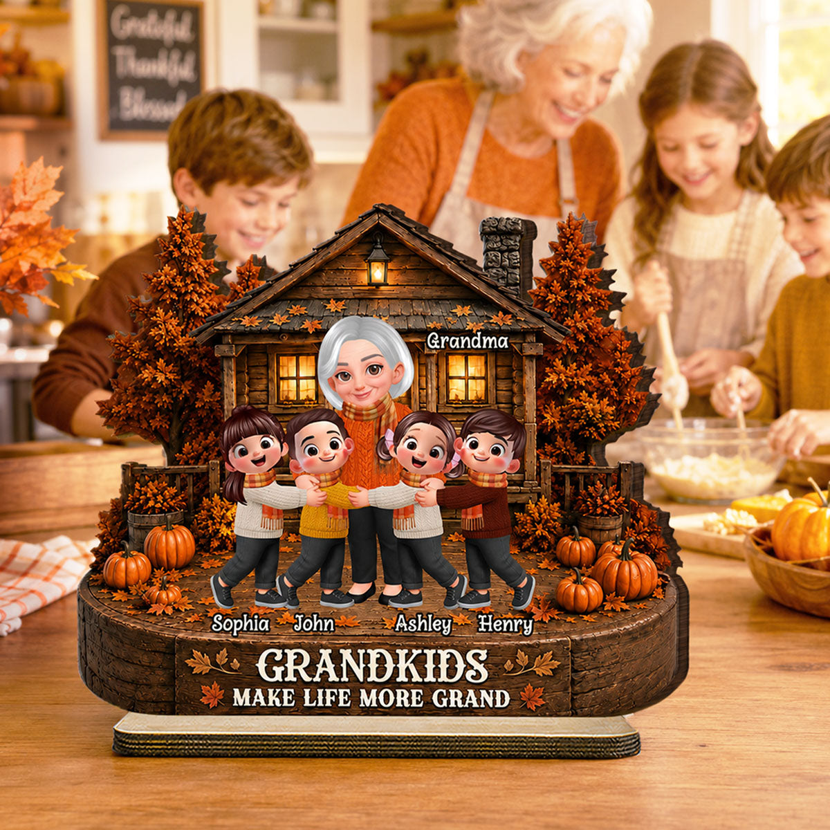 Grandma Grandkids Fall Season - Personalized 2-Layered Wooden Plaque - Gift For Wife, Grandmas