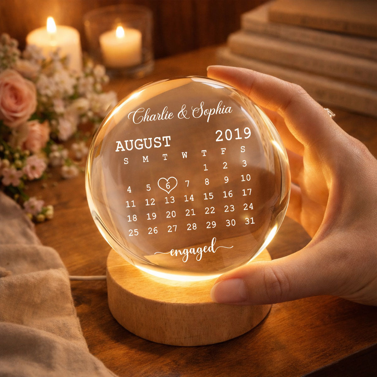 Calendar Engagement Couple - Personalized Crystal Ball LED Night Light - Anniversary, Valentine's Day Gift, Gift For Him, Gift For Her