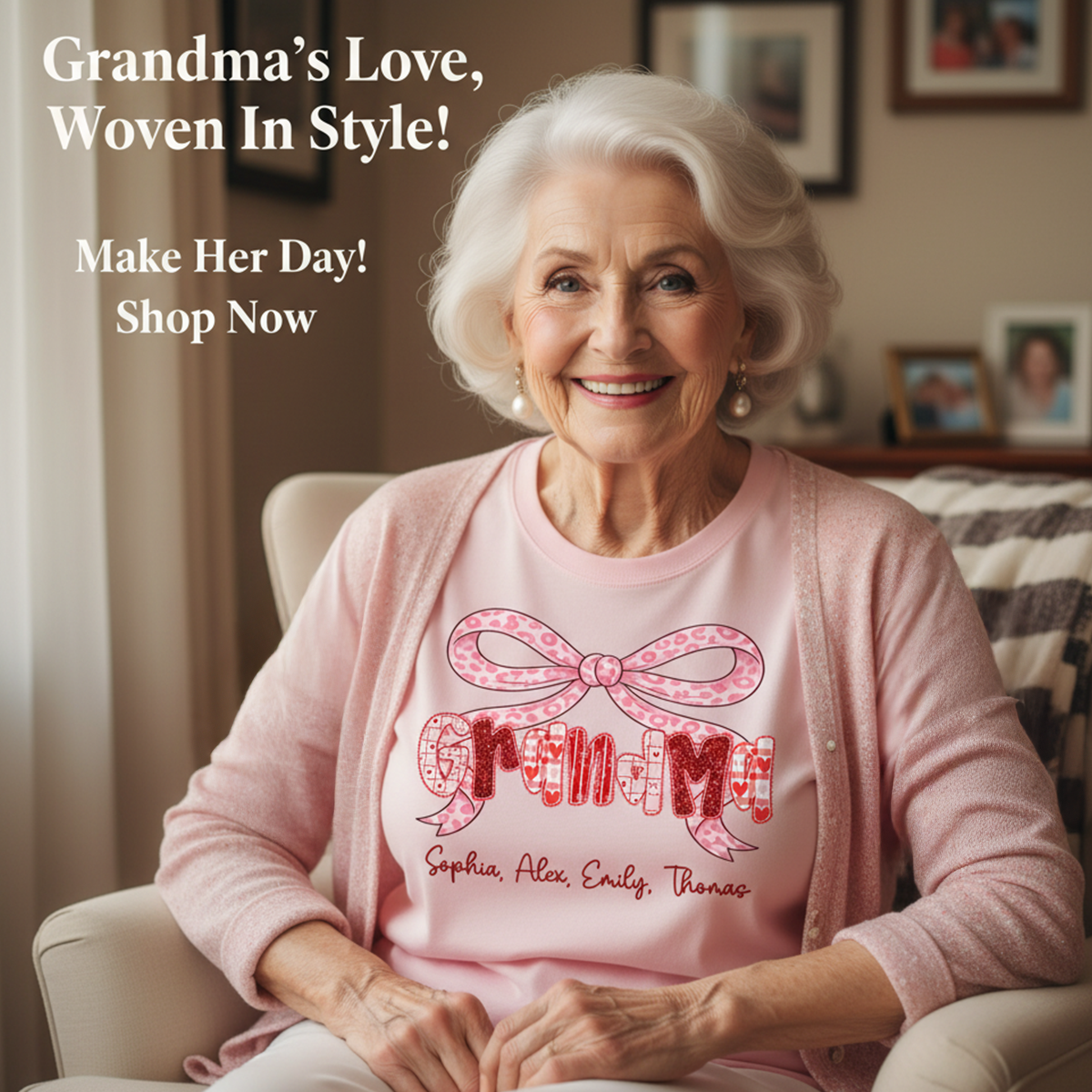 Preppy Valentine Pattern Grandma Mom Nana With Kids Name - Personalized Shirt - Valentine's Day Gift For Grandma