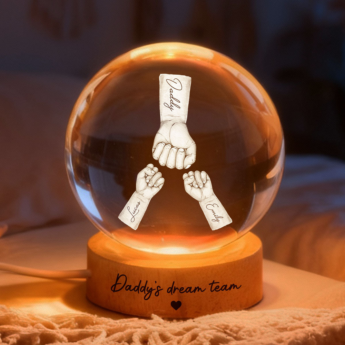 Daddy's Dream Team - Personalized Crystal Ball LED Night Light -  Gift for Dad, Husband