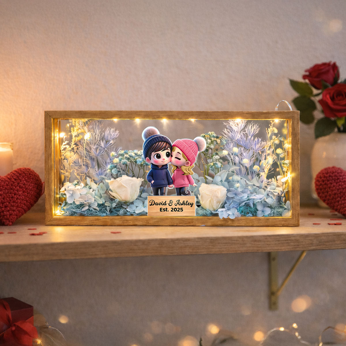 Eternal Love Cute Cartoon Chibi Couple Couple - Personalized DIY Flower Shadow Box LED Night Light - Gift For Couple, For Him, For Her