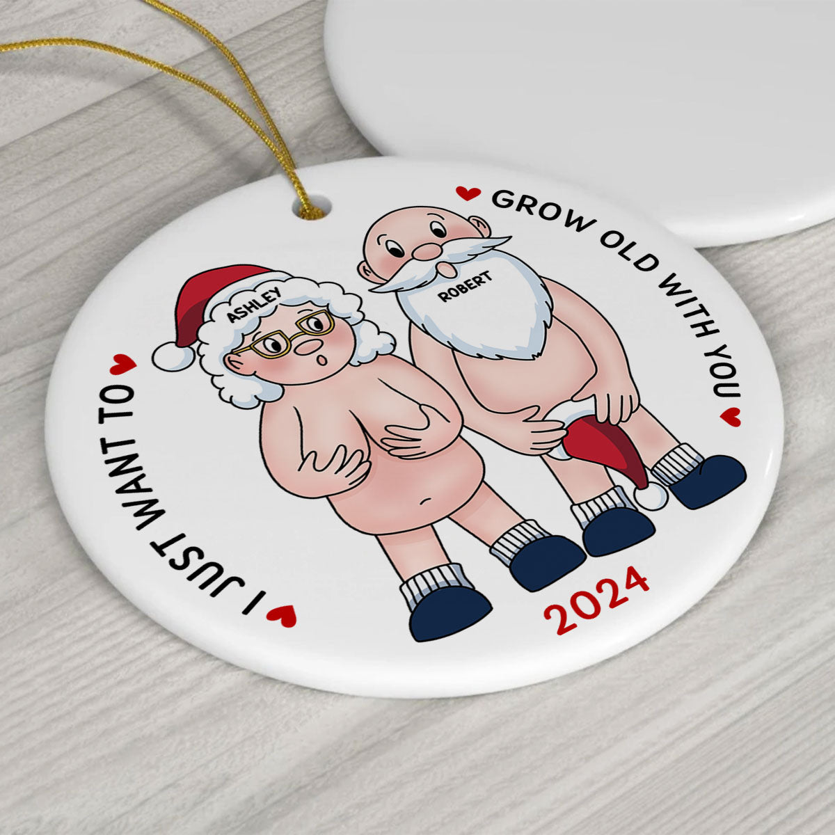Funny Old Couple Personalized Circle Ceramic Ornament Christmas Gift for Him for Her