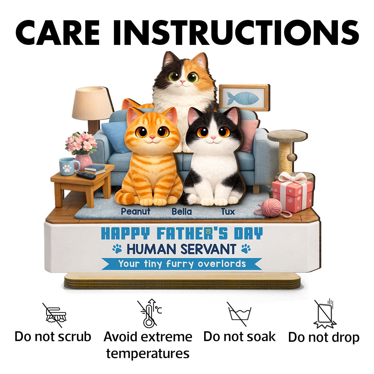 Cat Dad Cute Fluffy Cats Happy  Human Servant - Personalized 2-Layered Wooden Plaque - Funny  Gift For Cat Dad, Cat Lovers