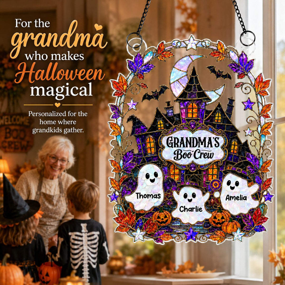 Whimsical Grandma's Boo Crew Haunted House - Personalized Acrylic Window Hanging - Halloween Decoration For Grandma
