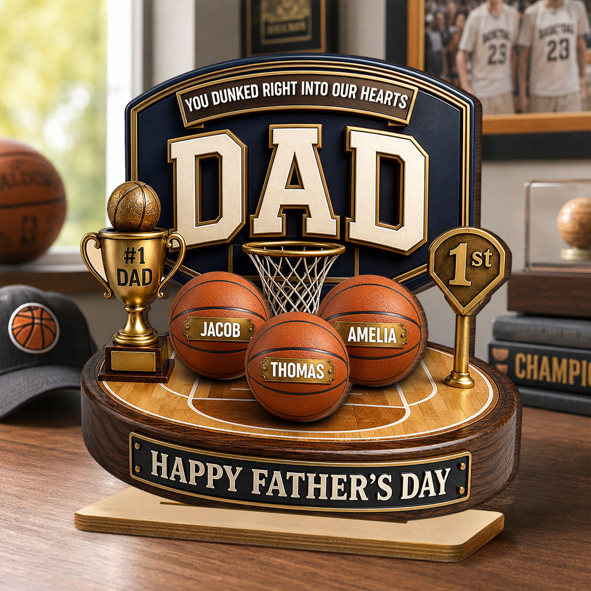 Basketball Trophy You Dunked Right Into Our Hearts - Personalized 2-Layered Wooden Plaque -  Gift For Dad, Husband