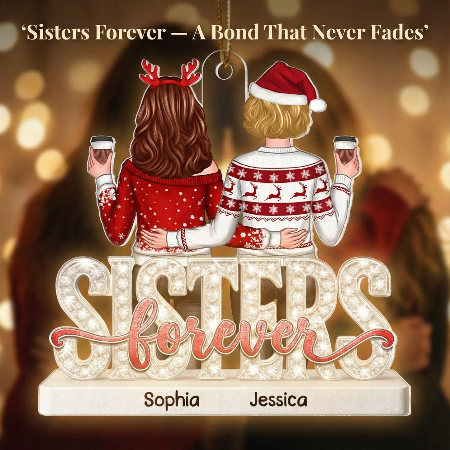 Sisters Forever Pattern Crystal - Personalized Acrylic Ornament - Heartwarming Christmas Gift For Sisters, Besties