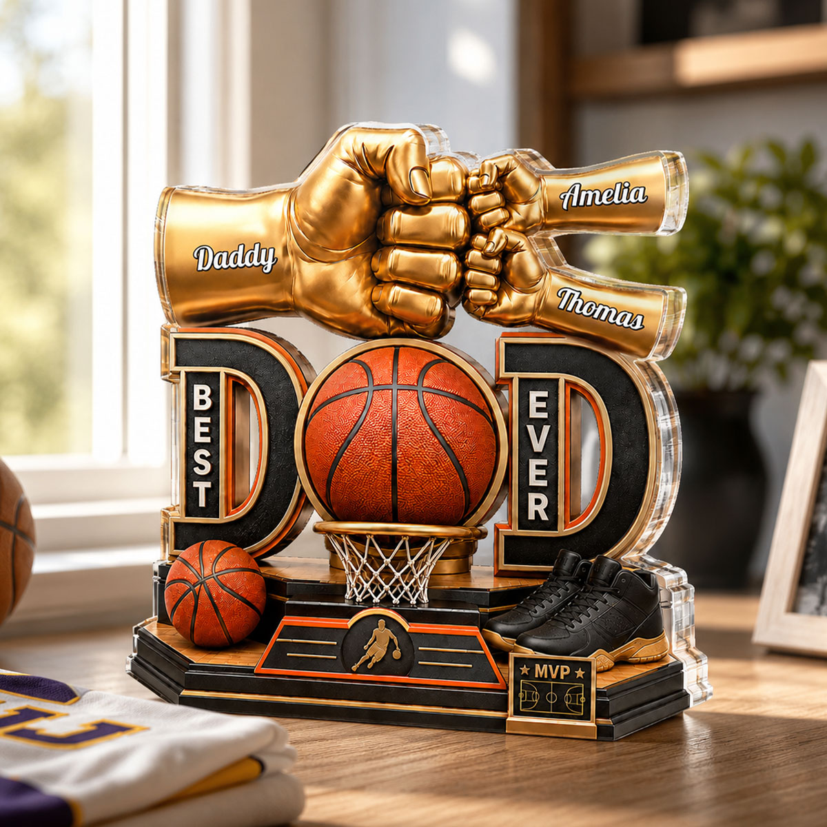 Basketball Dad & Kids Fist Bump - Personalized Acrylic Block Plaque -  Gift For Dad, Husband