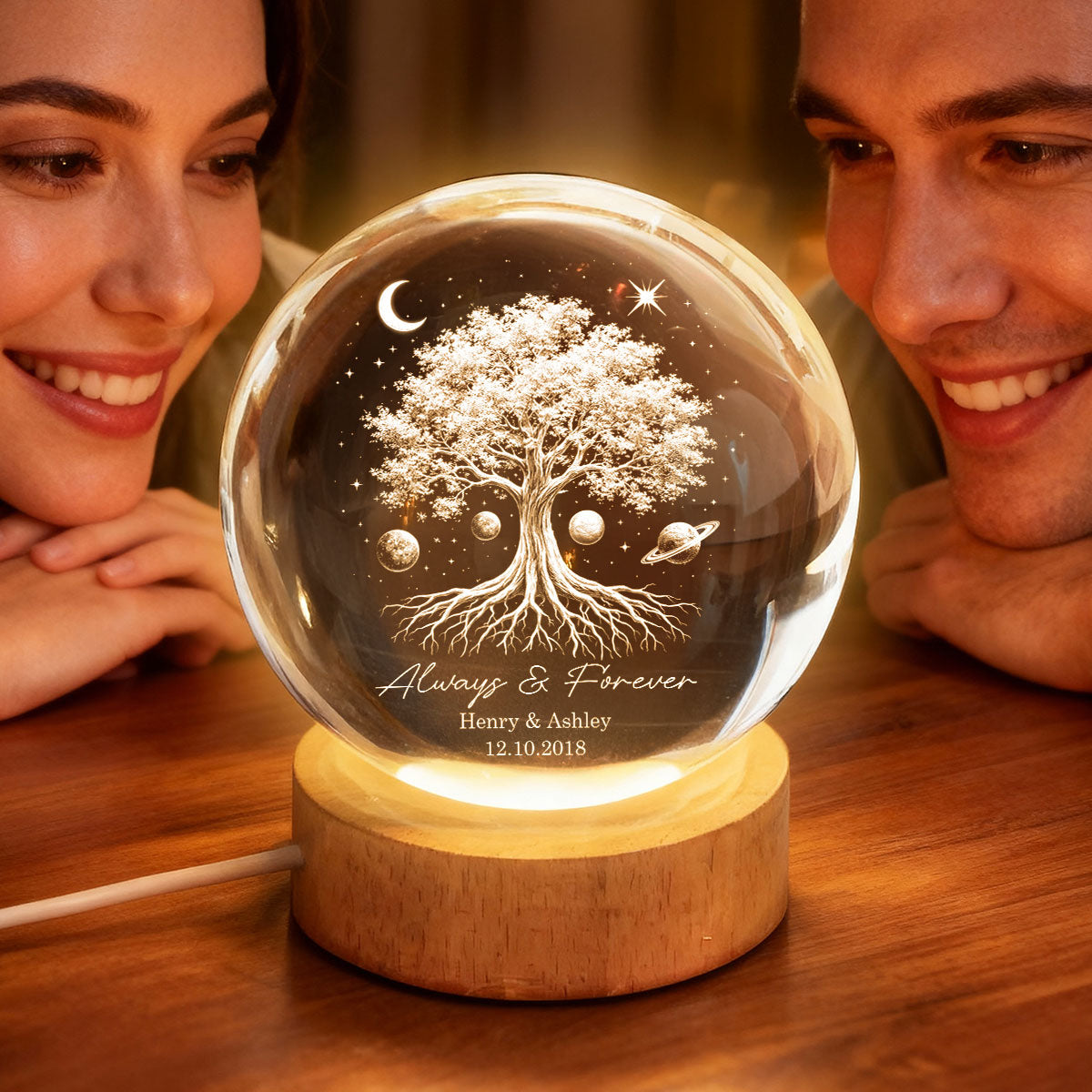 One Life One Love Couple Tree of Life - Personalized Crystal Ball LED Night Light - Sentimental Gift for Her, for Him, Couple Keepsake