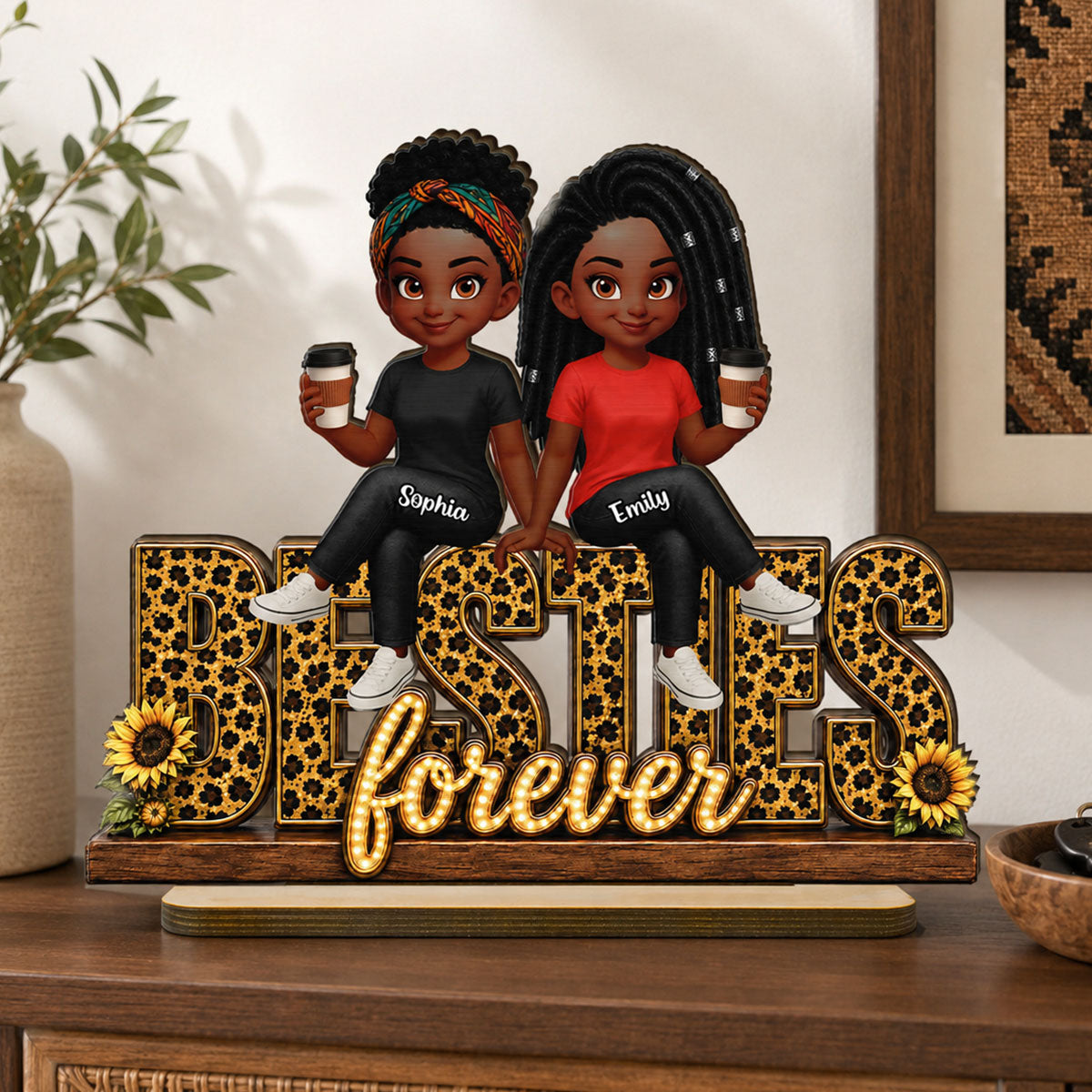 Leopard Style Besties Forever - Personalized 2-Layered Wooden Plaque - Birthday Gift, Gift For Best Friends