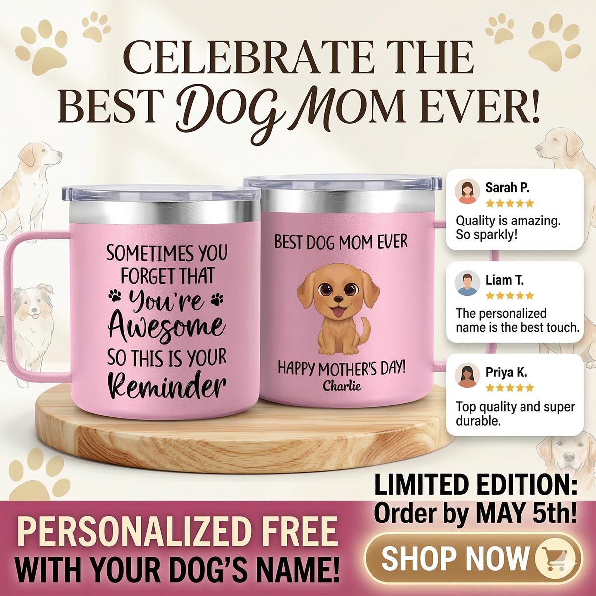 Sometimes You Forget That You're Awesome Dog Mom - Personalized Stainless Steel Tumbler with Handle - Mother's Day Gift For Dog Lovers