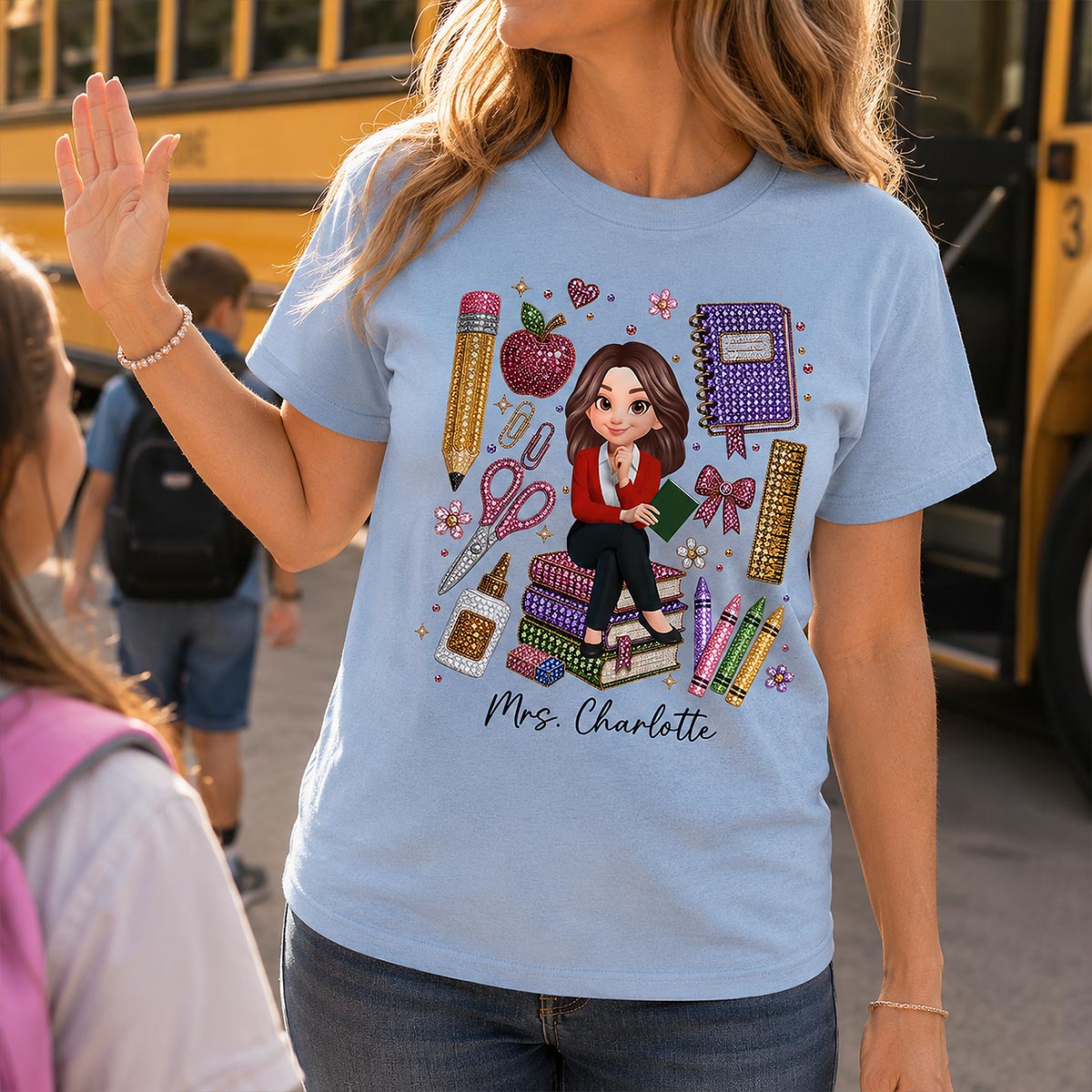 Teacher Sitting With School Supplies Faux Rhinestone – Personalized Shirt – Back To School Gift For Teacher