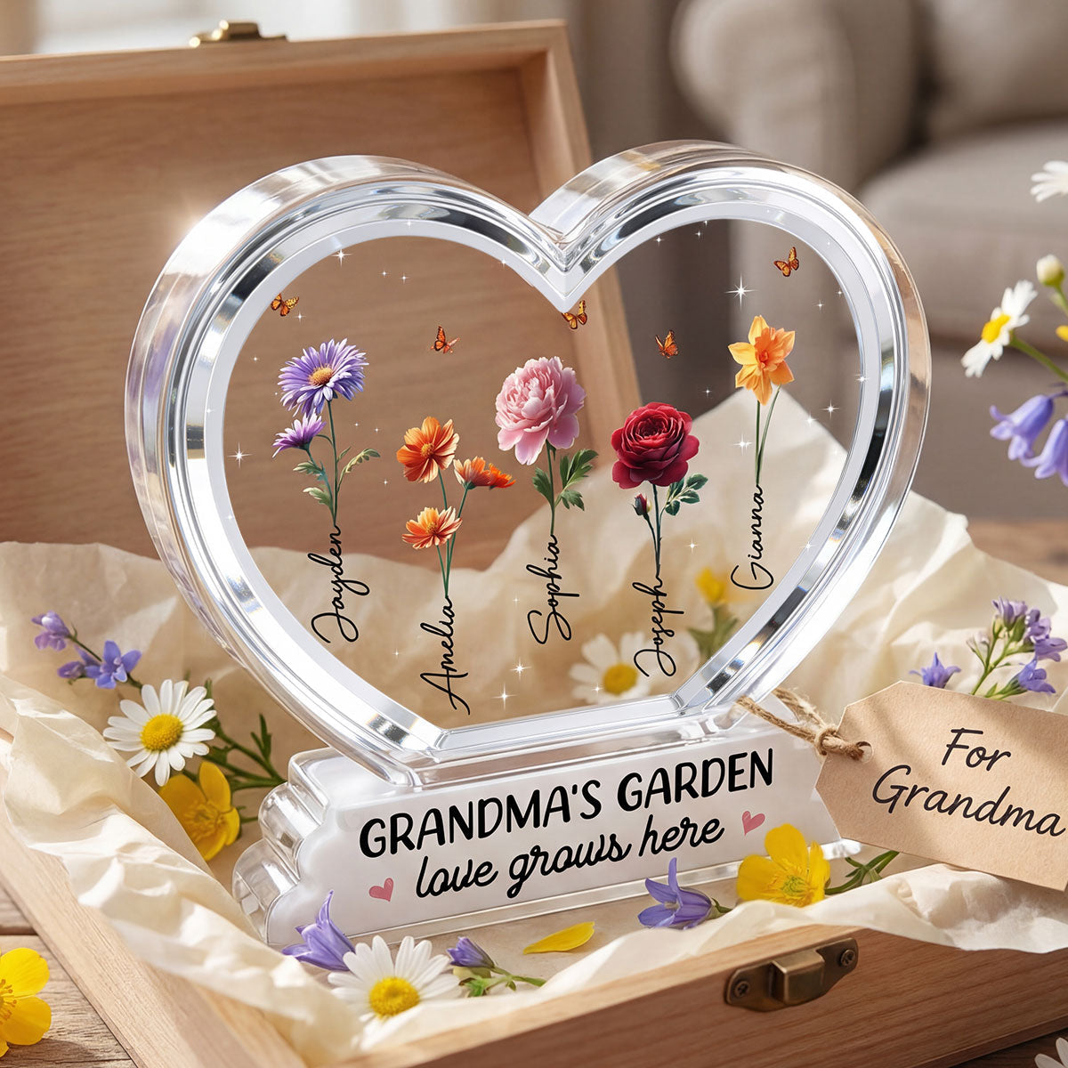 Grandma's Garden Birth Month Flowers In Heart 2D Flat - Personalized Acrylic Block Plaque - Gift For Grandma