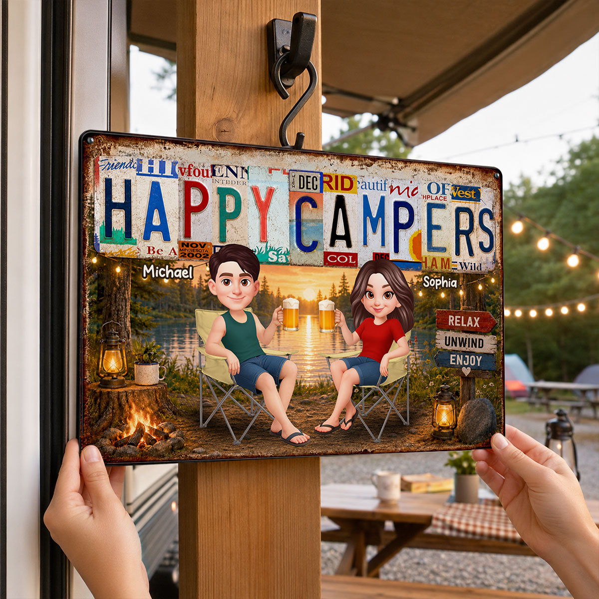 Happy Campers Camping Couple License Plate Style - Personalized Metal Sign - Gift For Campers