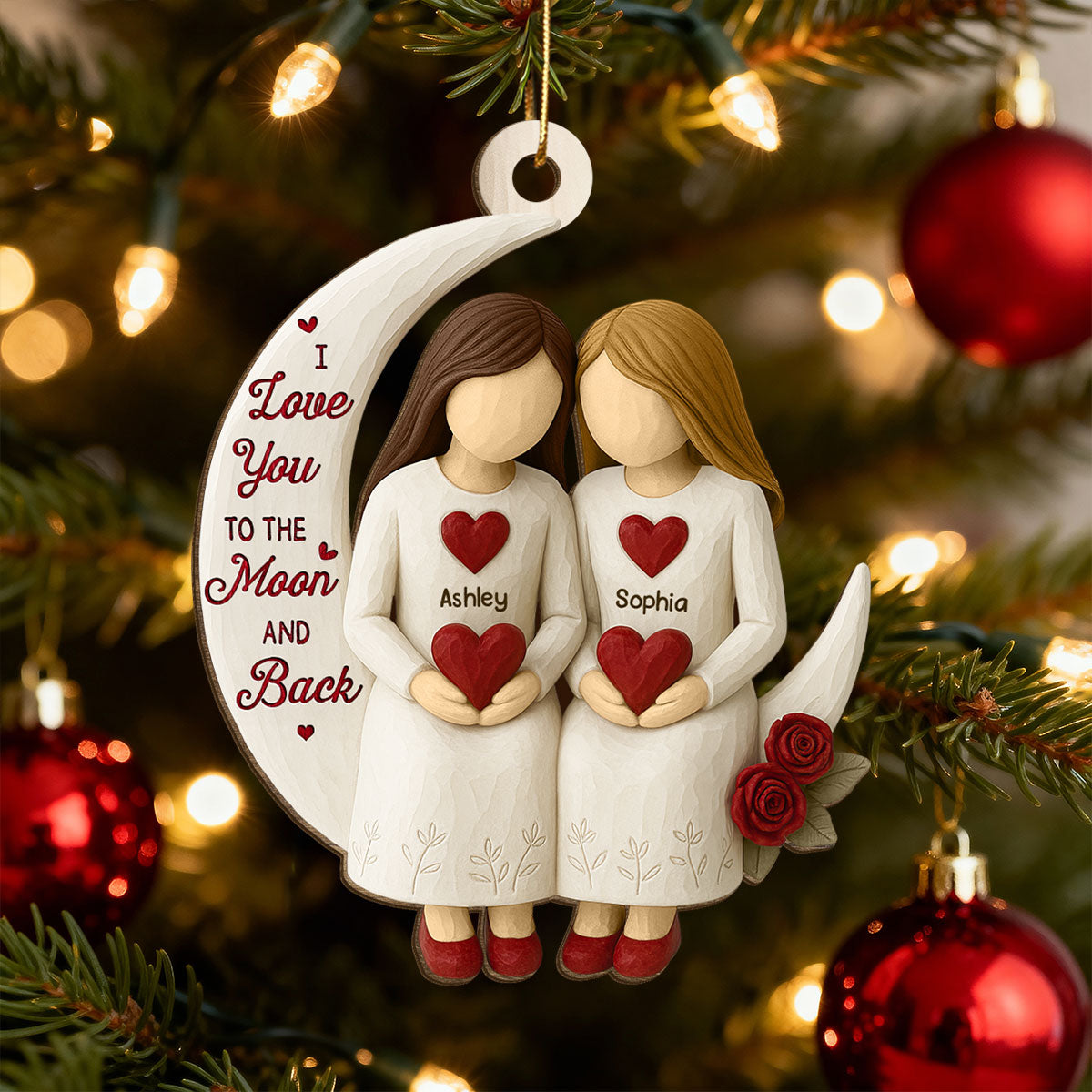 3D Effect Roses Besties On Moon - Personalized Wooden Ornament - Christmas Gift For Best Friends