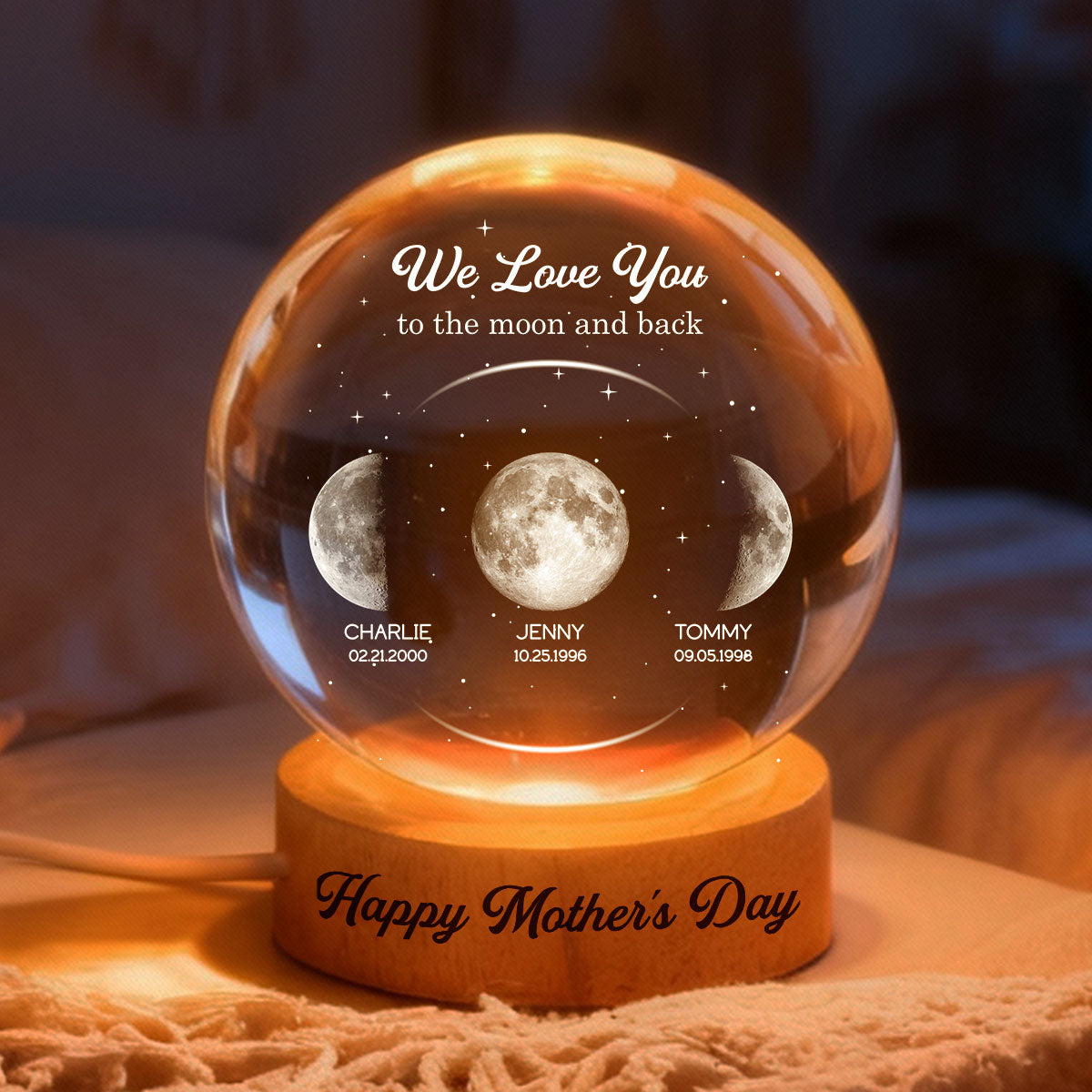 Love to the Moon and Back, Custom Moon Phase by Date - Personalized Crystal Ball LED Night Light - Mother's Day Gift for Mom, Wife